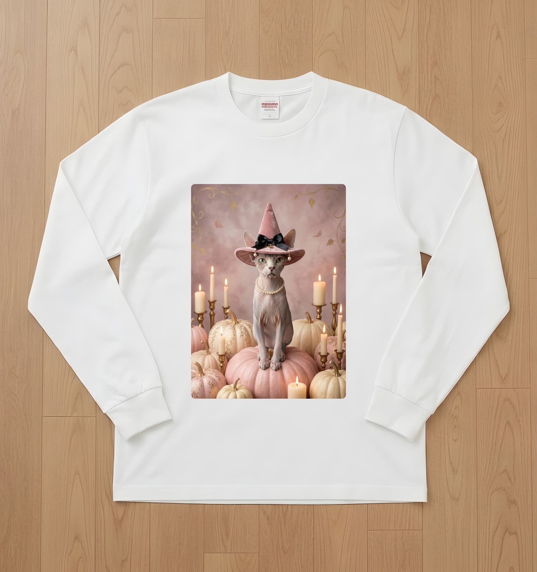 スフィンクスのかぼちゃとキャンドルの油絵風アートハロウィン長袖Tシャツ(ホワイト)
