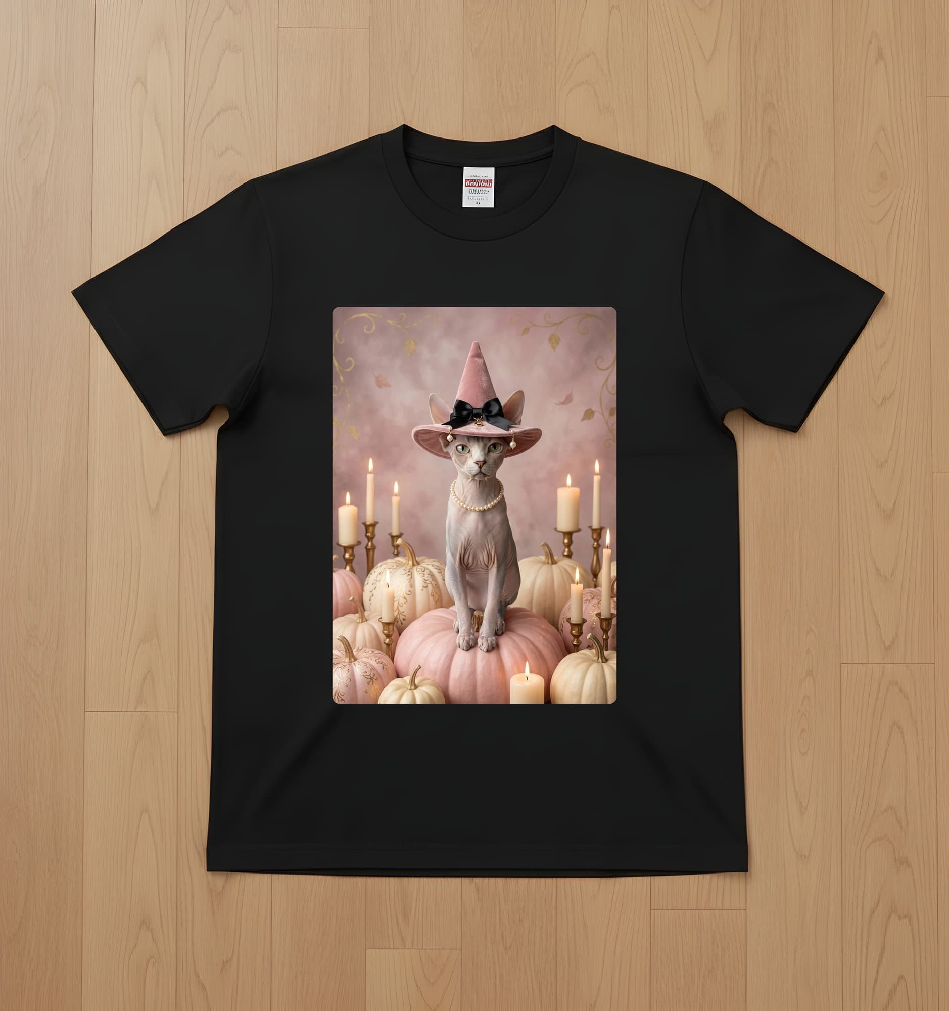 Sphynx Pumpkin & Candlelight Oil-Painting Halloween T-Shirt (Black)