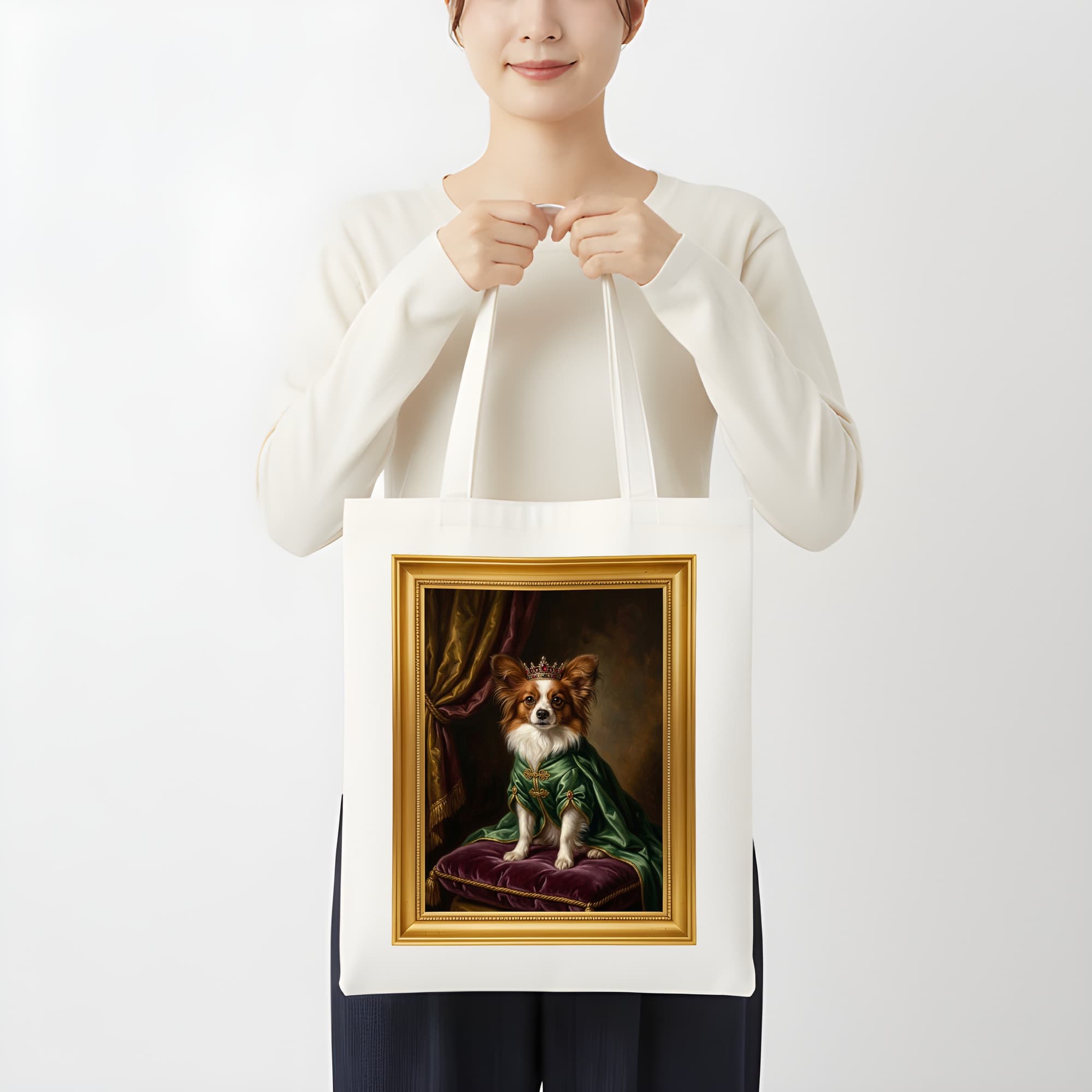 パピヨンのルネサンス肖像画トートバッグ(カラープリント・額縁デザインあり) 3
