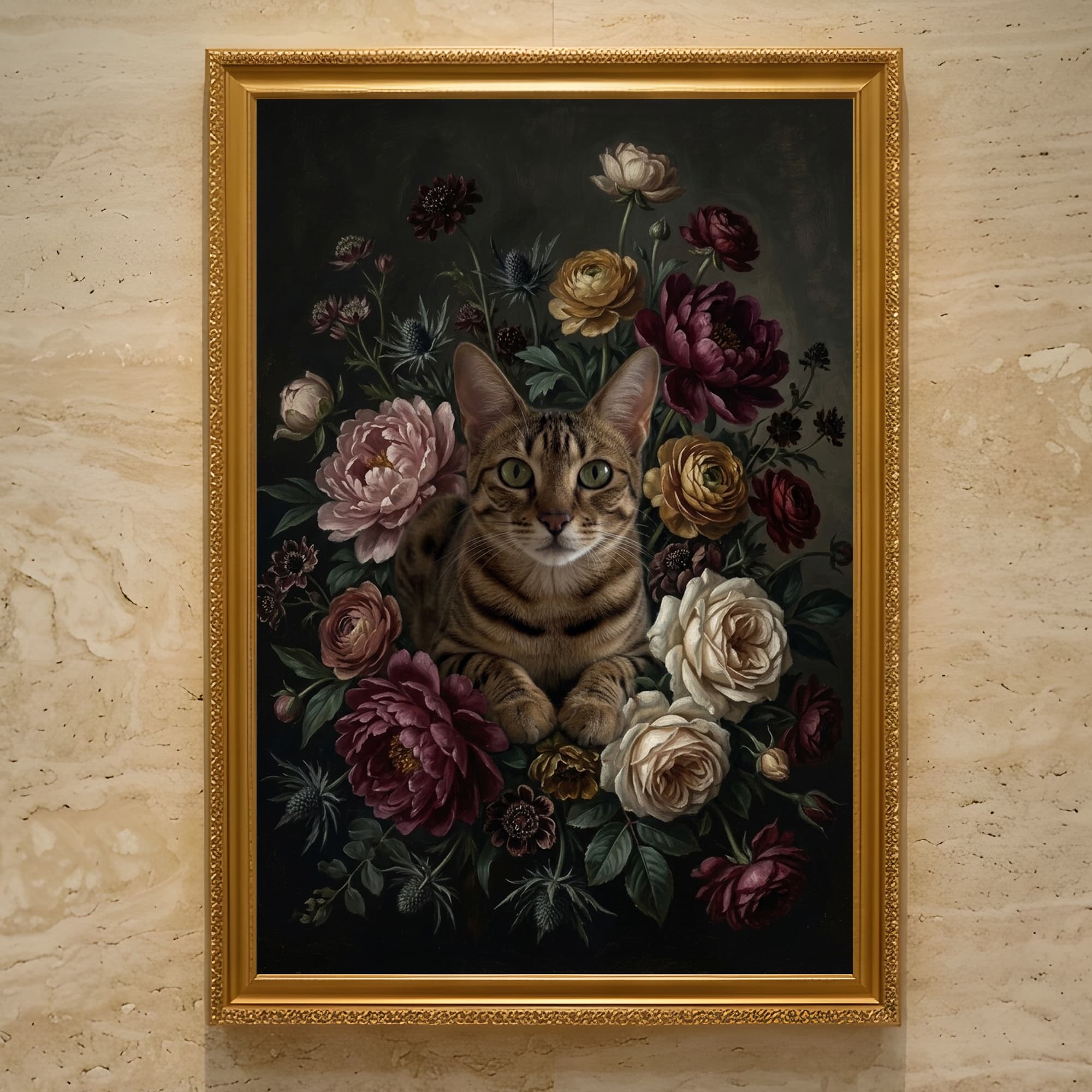 オシキャットの花の油絵風アート花柄額装プリント(A3サイズ)