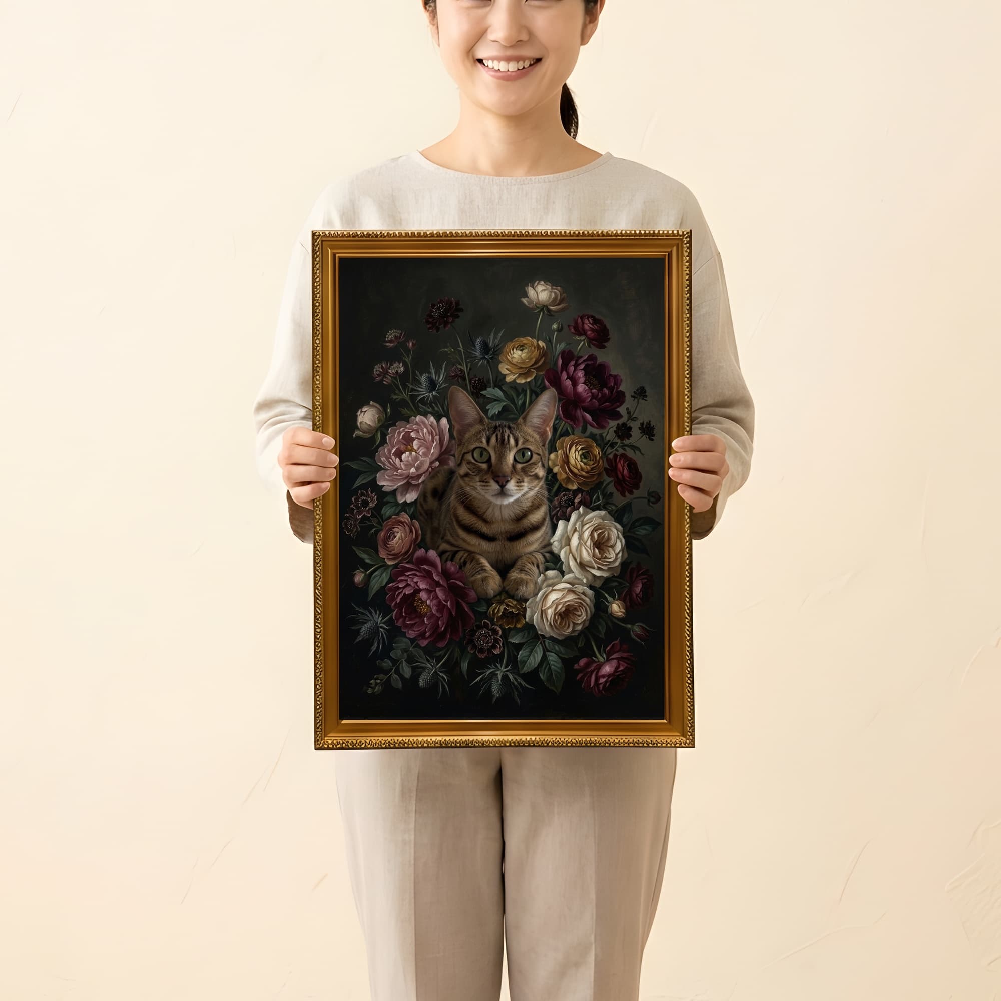 オシキャットの花の油絵風アート花柄額装プリント(A3サイズ) 2