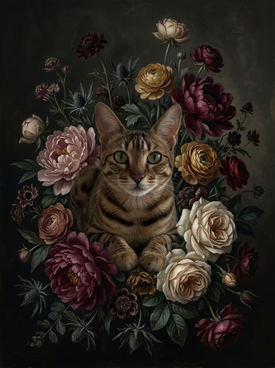 オシキャットの花の油絵風アート花柄額装プリント(A3サイズ) 4