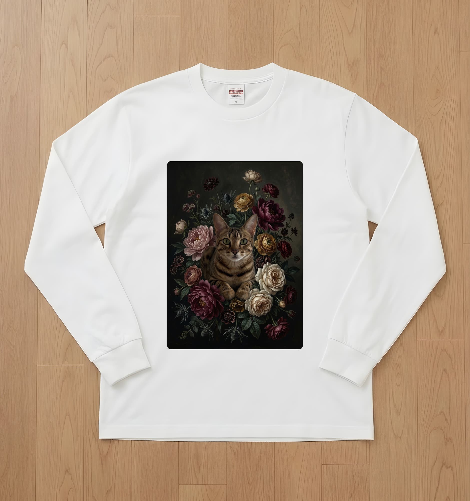 オシキャットの花の油絵風アート花柄長袖Tシャツ(ホワイト)