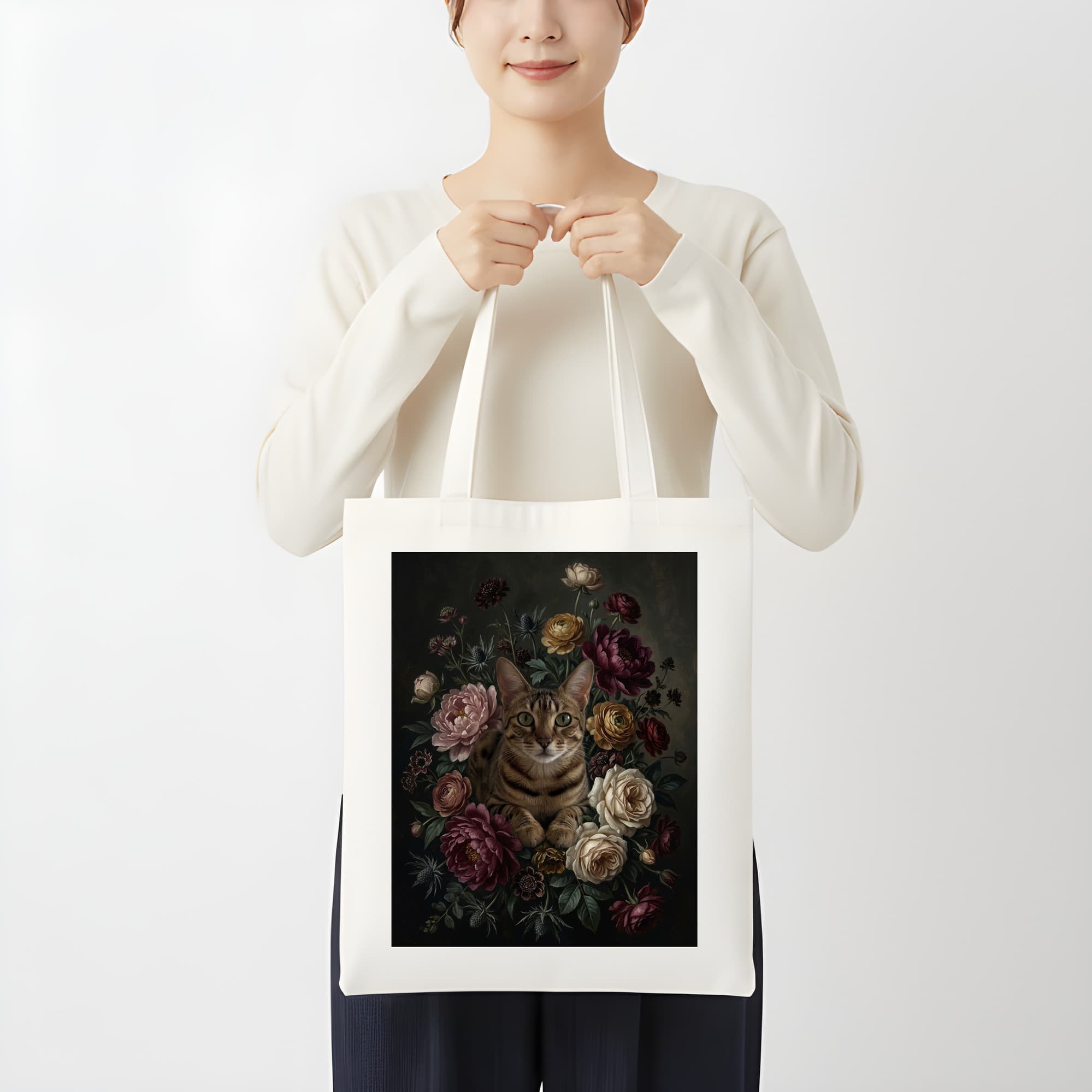 オシキャットの花の油絵風アート花柄トートバッグ 3