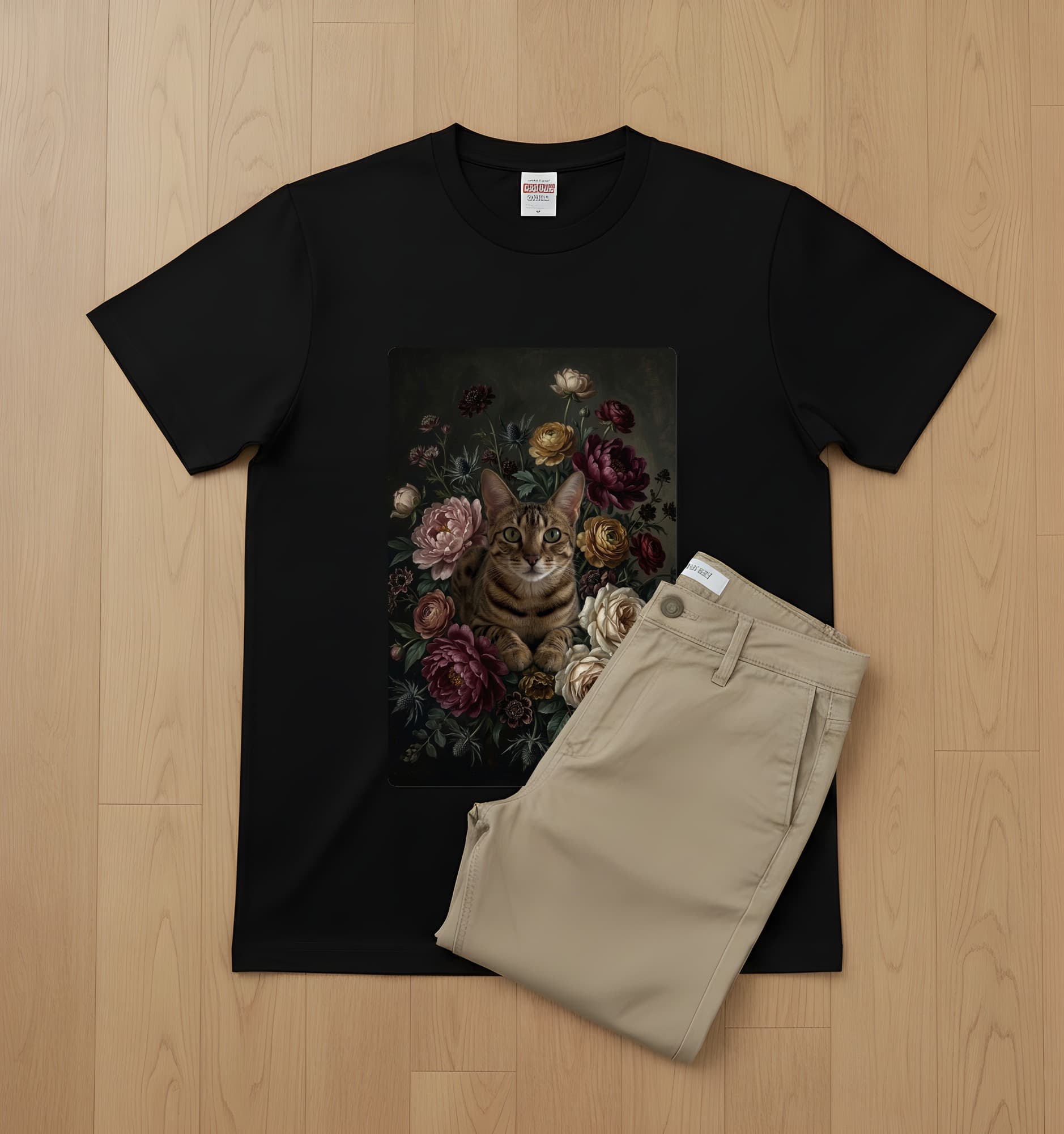 オシキャットの花の油絵風アート花柄Tシャツ(ホワイト) 2