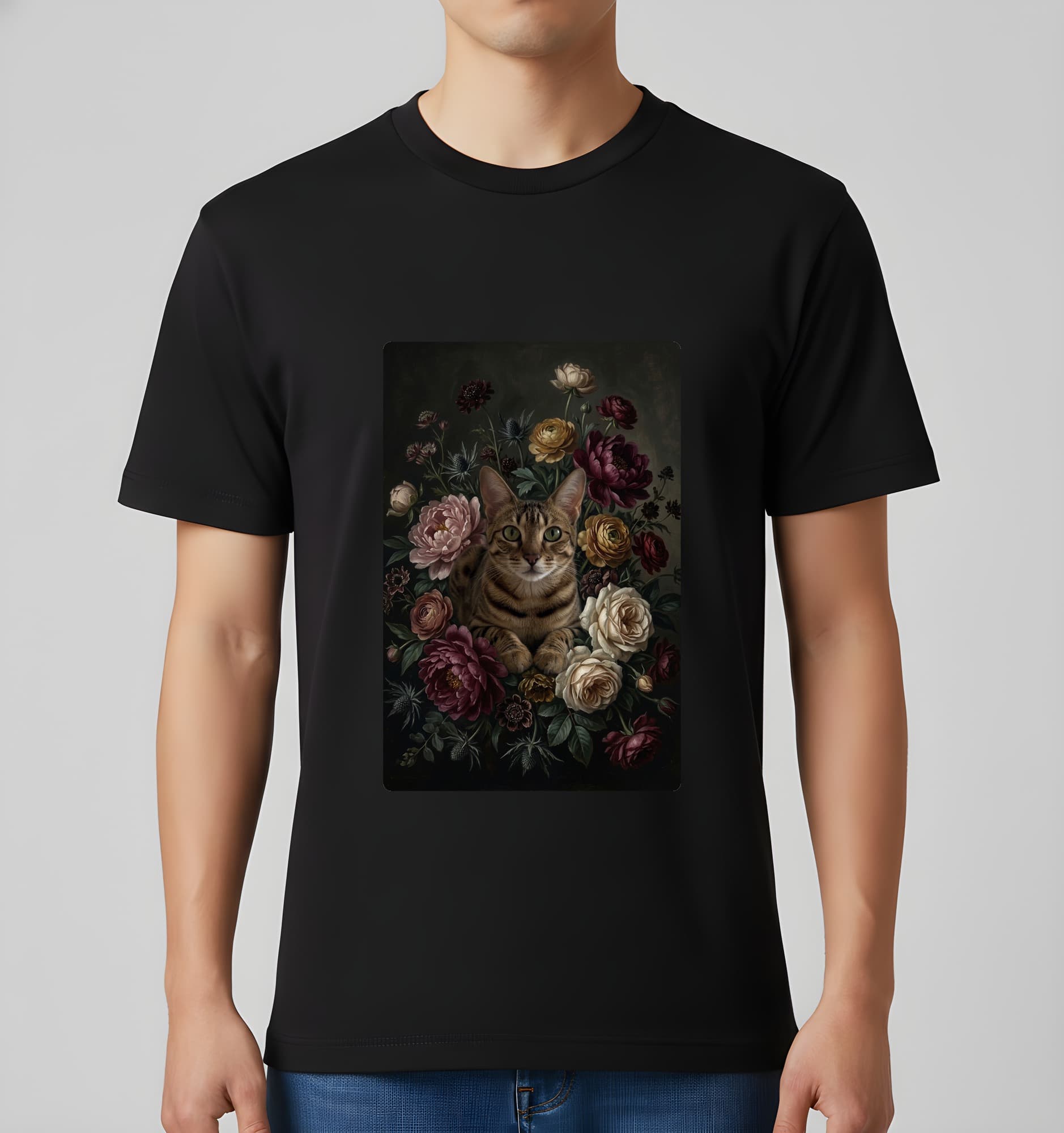 オシキャットの花の油絵風アート花柄Tシャツ(ホワイト) 3