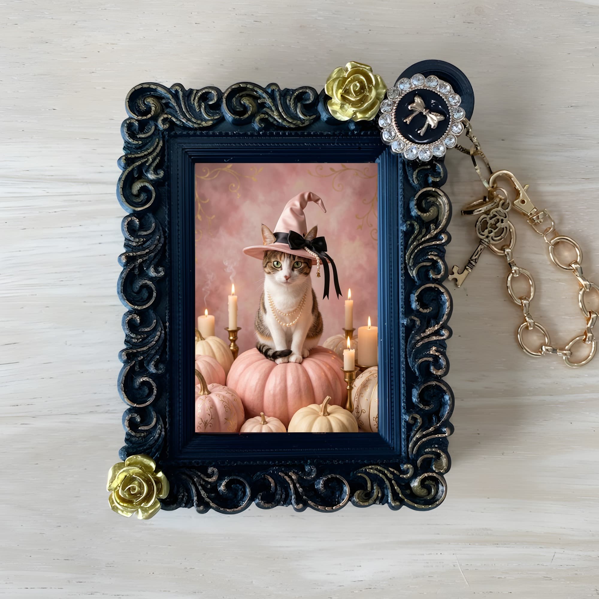 mixed breed cat Pumpkin & Candlelight Oil-Painting Halloween Bag Charm (Black)