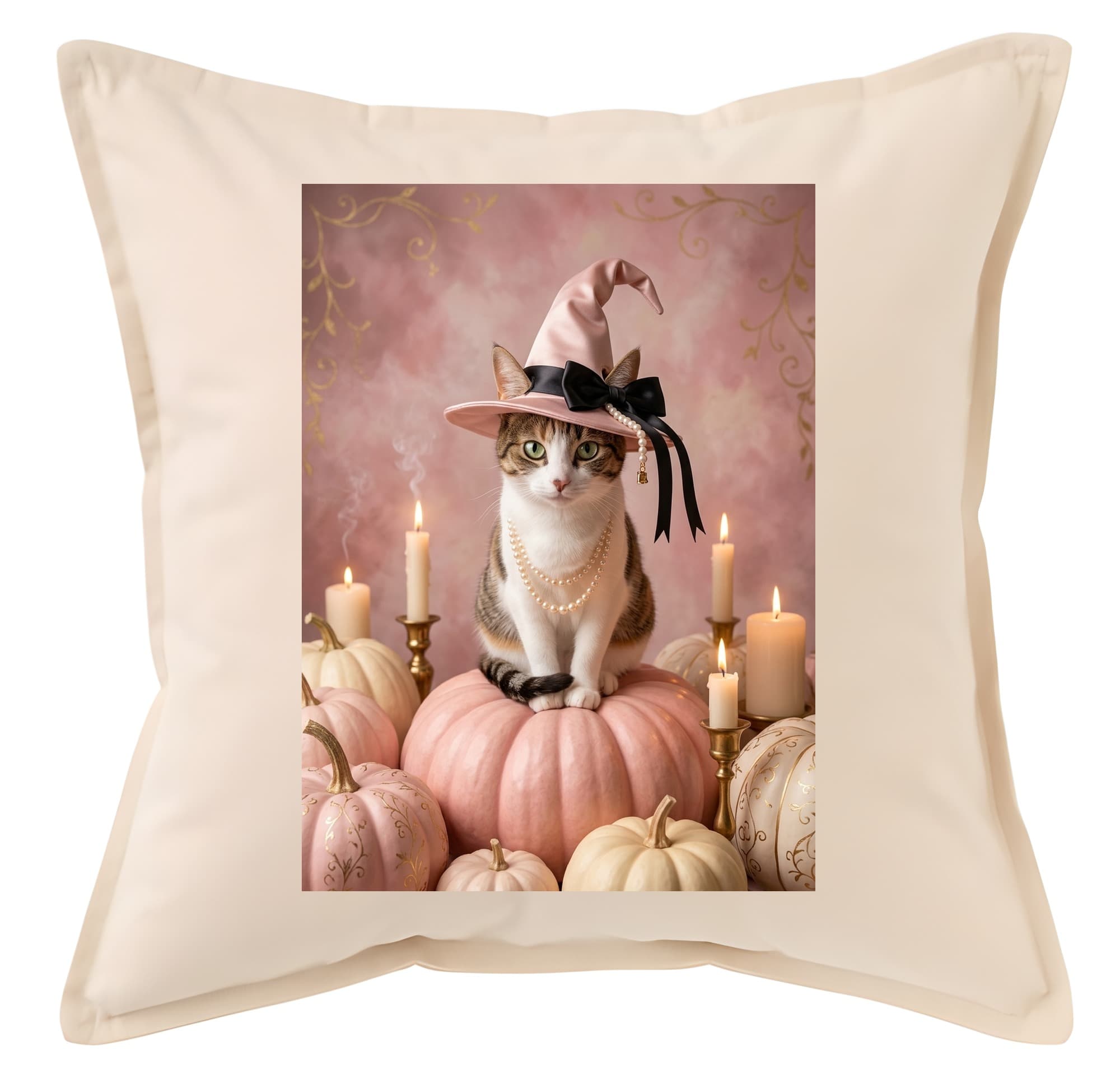 mixed breed cat Pumpkin & Candlelight Oil-Painting Halloween Cushion