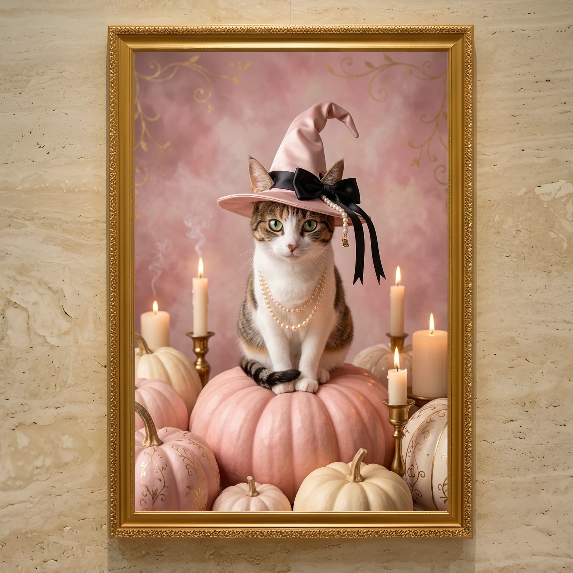 mixed breed cat Pumpkin & Candlelight Oil-Painting Halloween Framed Art Print (A3)