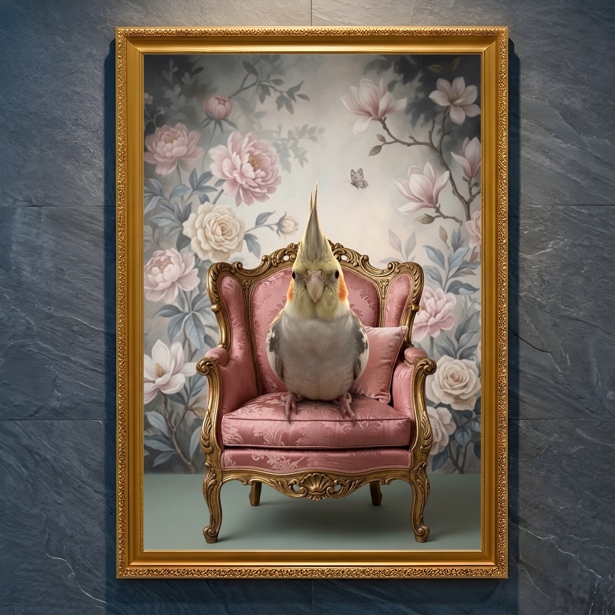 Cockatiel Shabby Pink Oil-Painting Rococo Framed Art Print (A4 Gold)