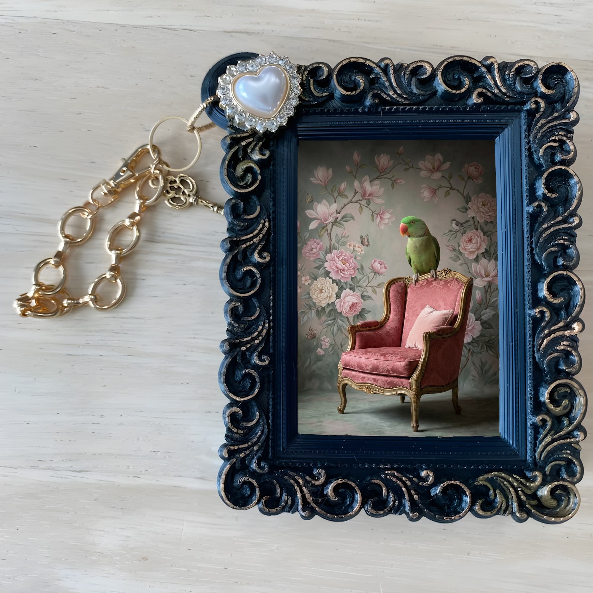 Eclectus Parrot Shabby Pink Oil-Painting Rococo Bag Charm (Black) 4