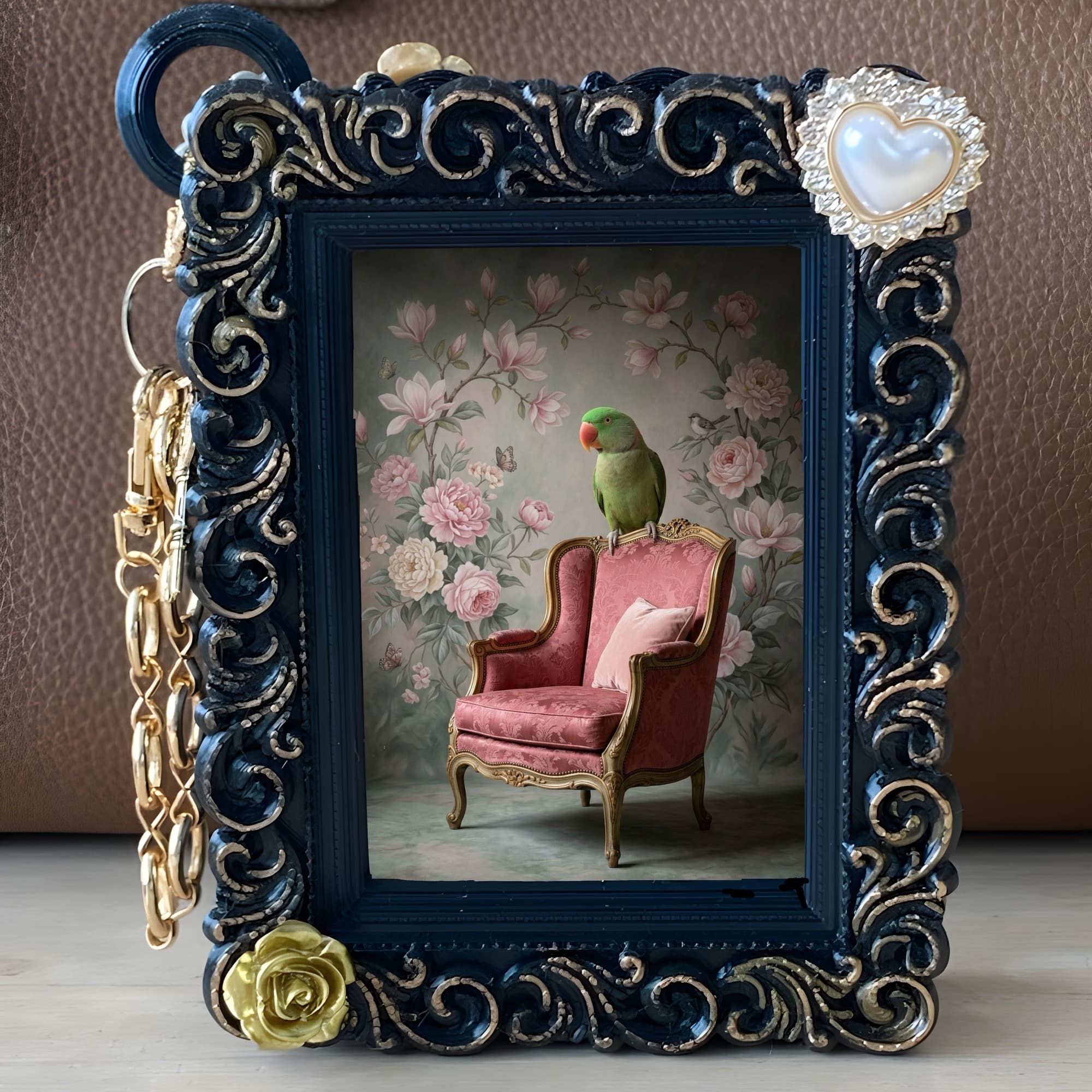 Eclectus Parrot Shabby Pink Oil-Painting Rococo Bag Charm (Black) 5