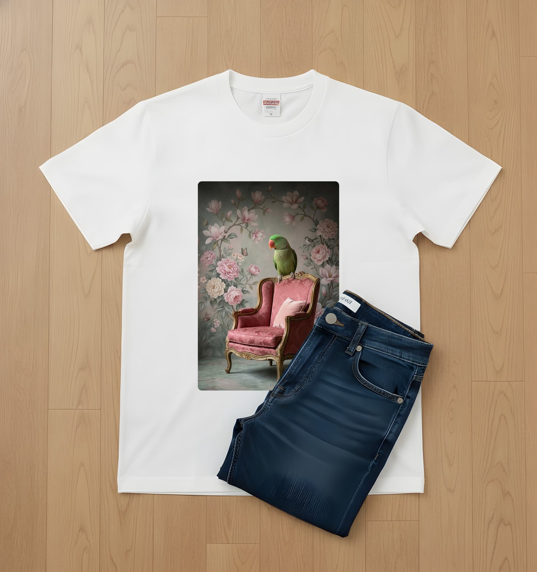 Eclectus Parrot Shabby Pink Oil-Painting Rococo T-Shirt (White) 2