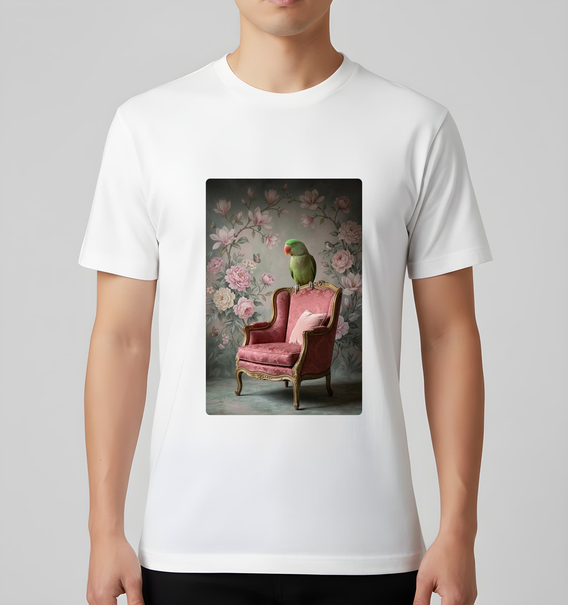 Eclectus Parrot Shabby Pink Oil-Painting Rococo T-Shirt (White) 3