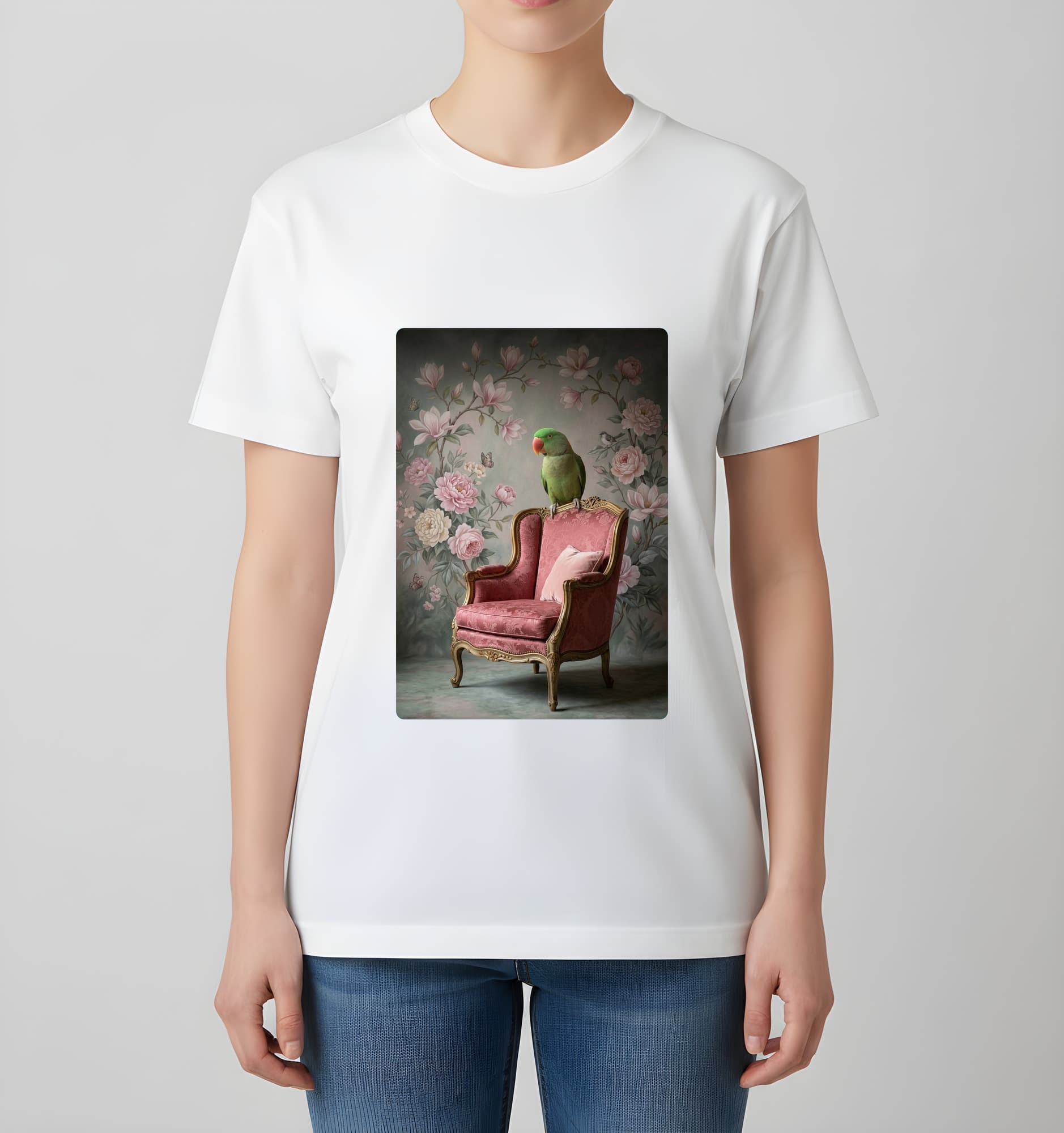 Eclectus Parrot Shabby Pink Oil-Painting Rococo T-Shirt (White) 4