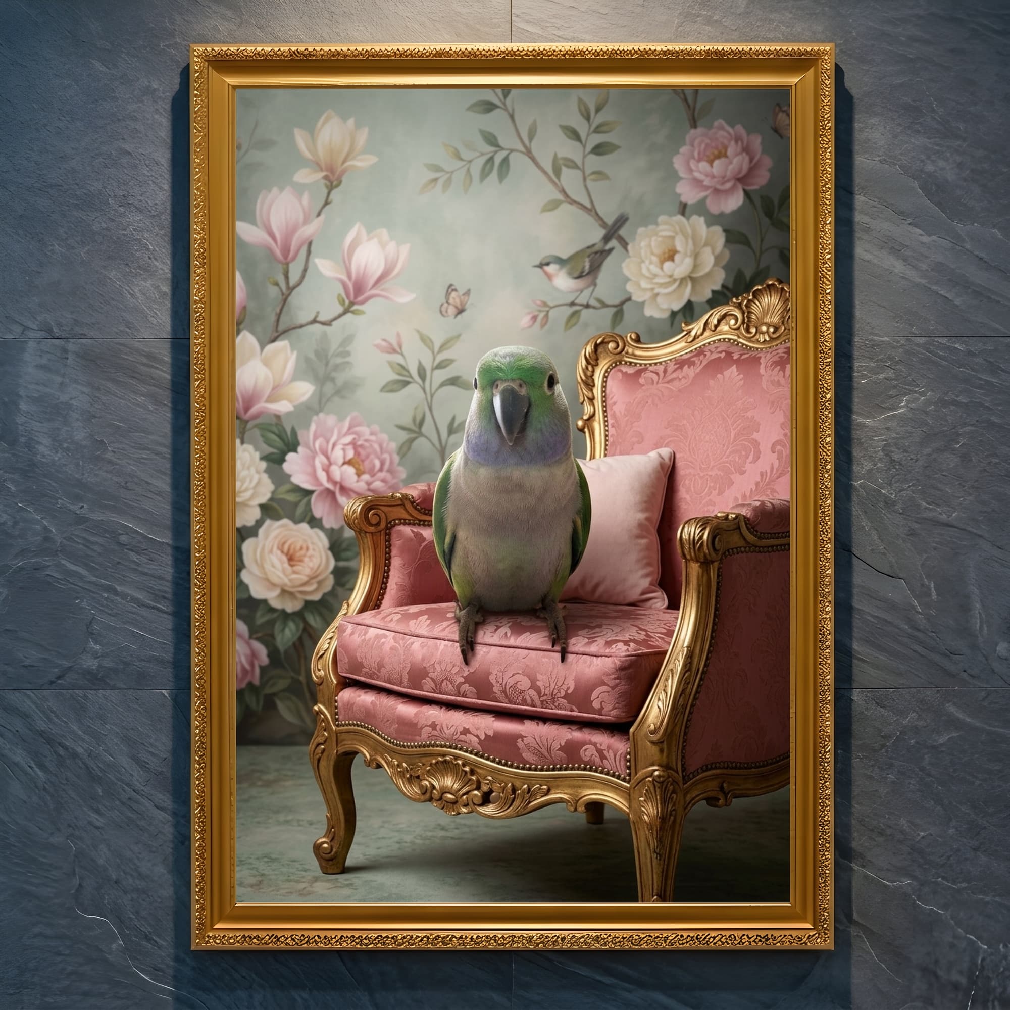 Derbyan Parakeet Shabby Pink Oil-Painting Rococo Framed Art Print (A4 Gold)
