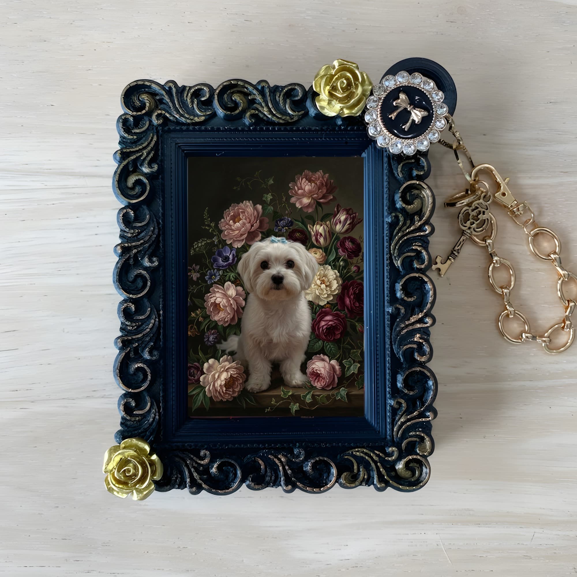 Maltese Floral Oil-Painting Floral Bag Charm (Black)