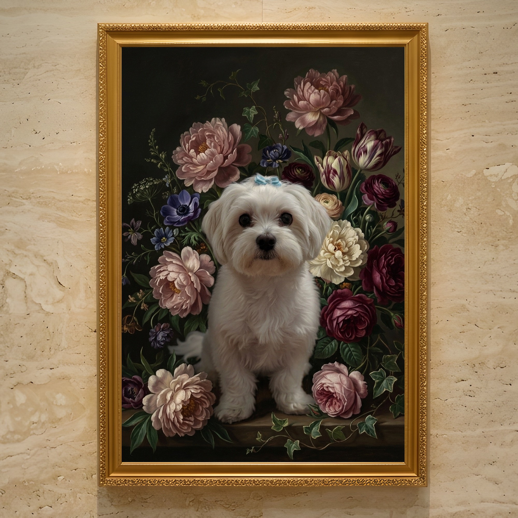 マルチーズの花の油絵風アート花柄額装プリント(A3サイズ)
