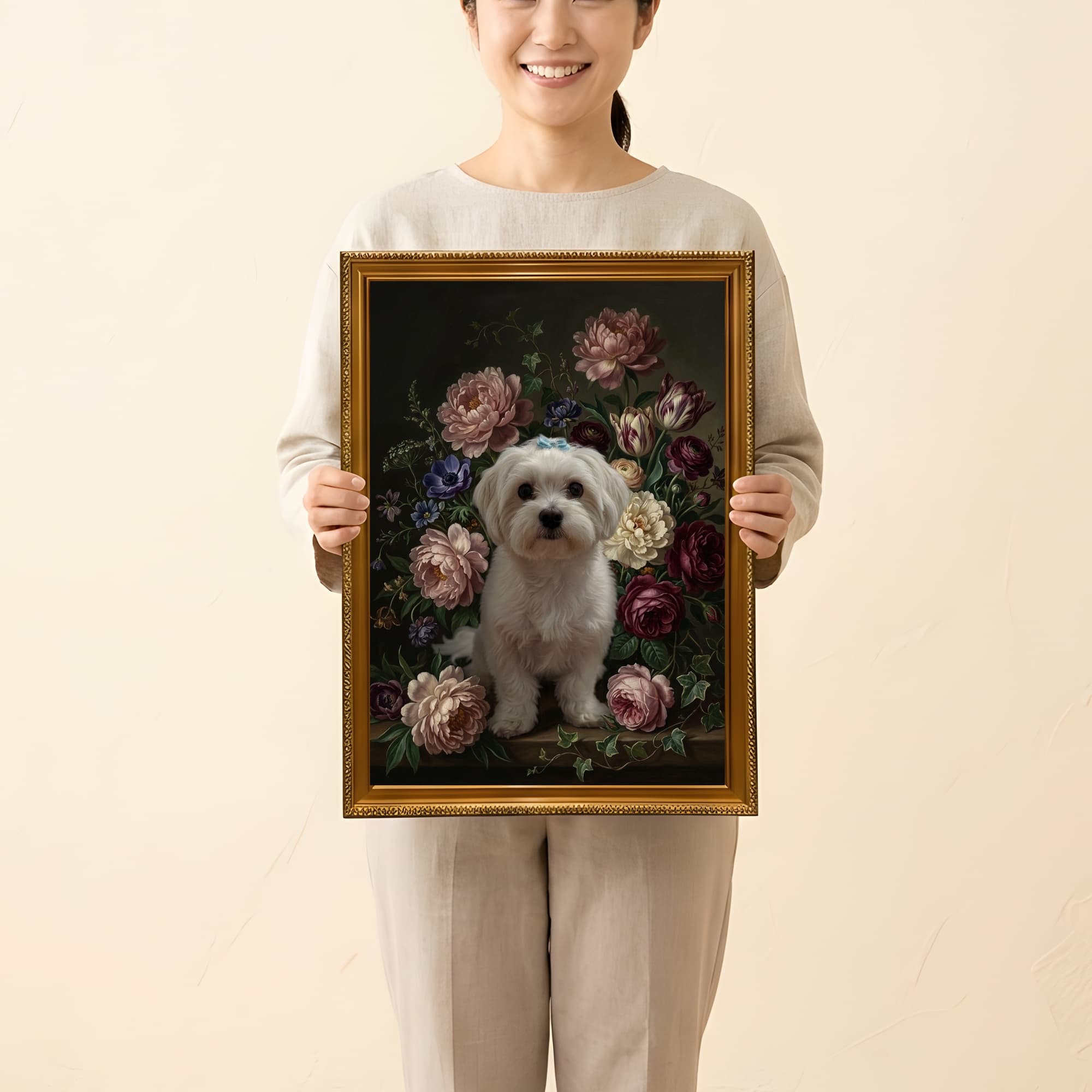 マルチーズの花の油絵風アート花柄額装プリント(A3サイズ) 2