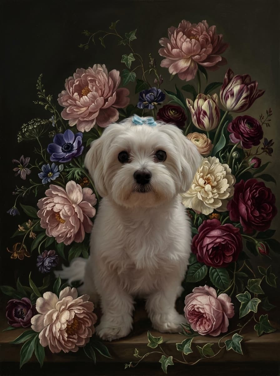 マルチーズの花の油絵風アート花柄額装プリント(A3サイズ) 4