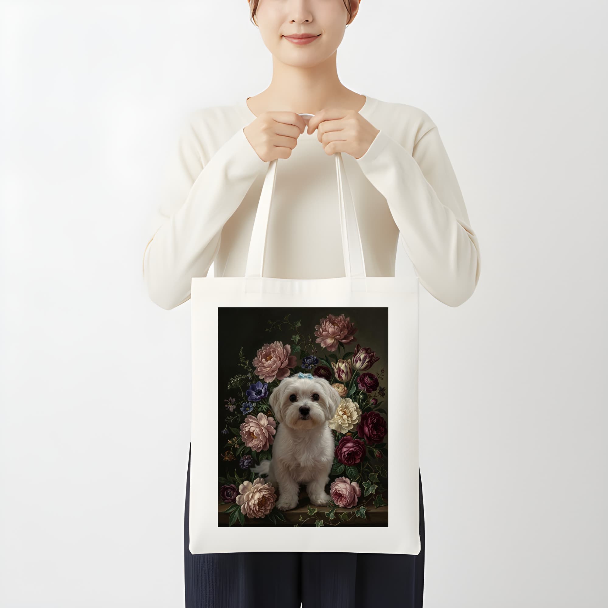マルチーズの花の油絵風アート花柄トートバッグ 3