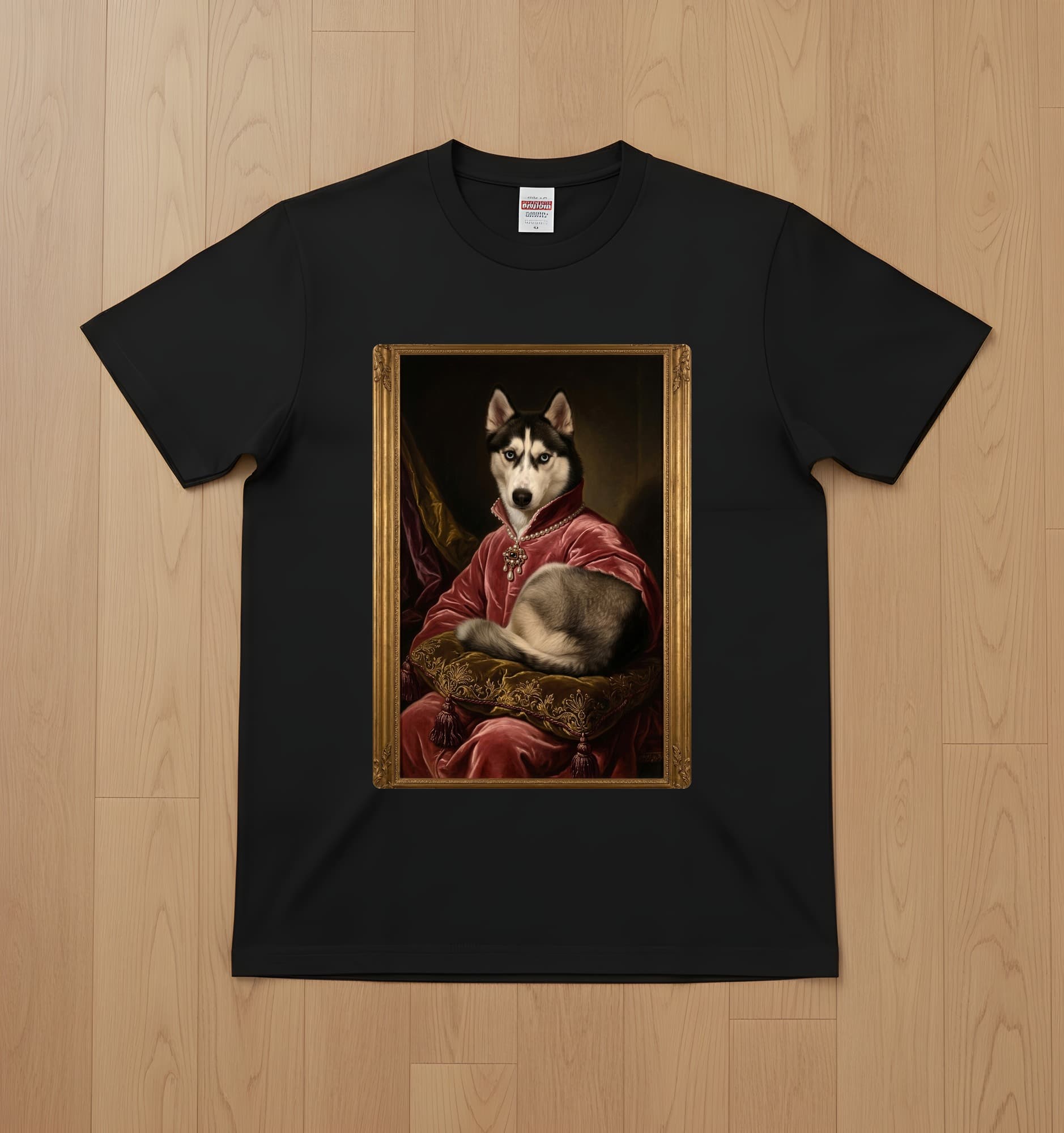 シベリアンハスキーのルネサンス肖像画Tシャツ(ブラック・カラープリント・額縁なし)