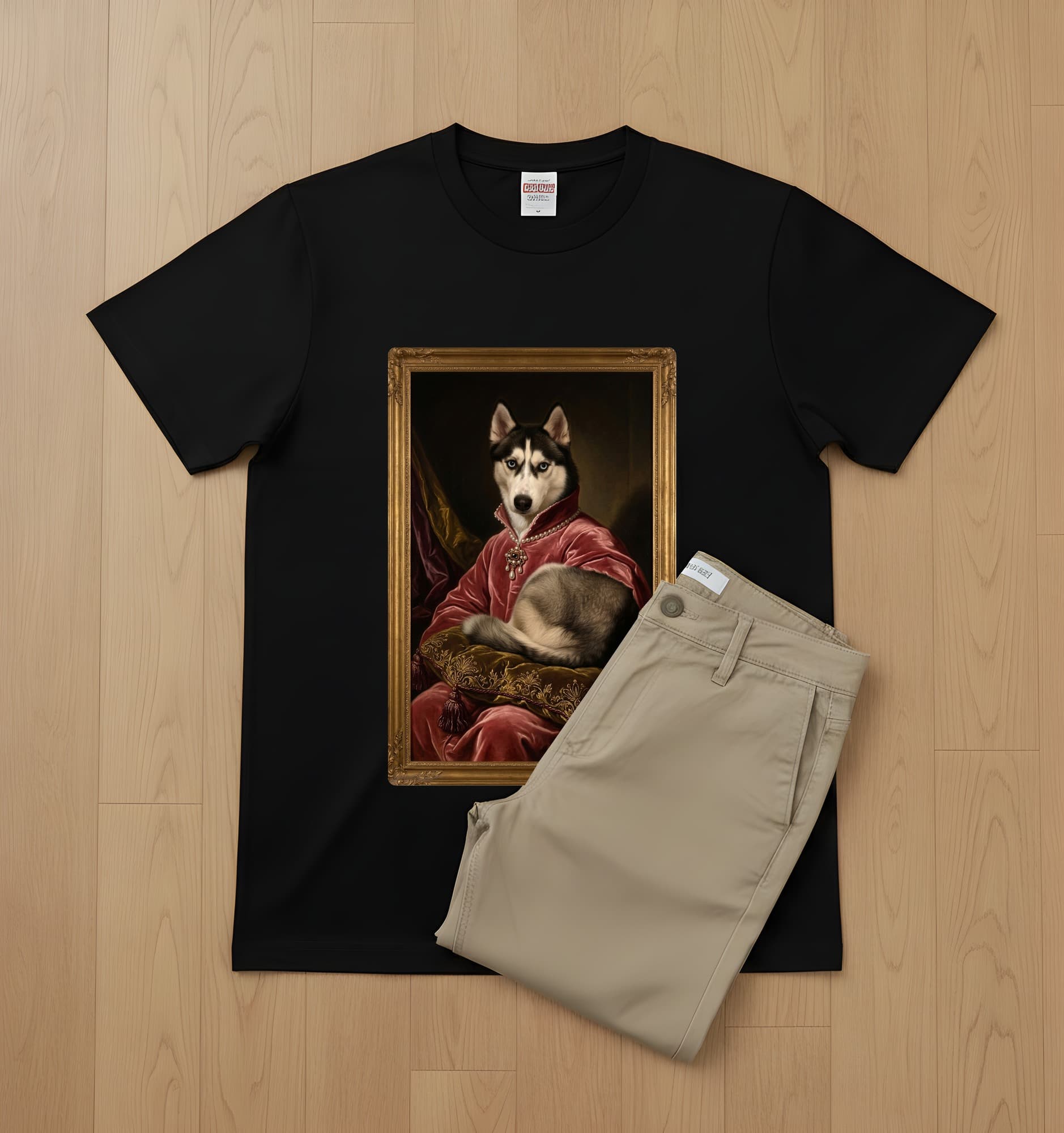 シベリアンハスキーのルネサンス肖像画Tシャツ(ブラック・カラープリント・額縁なし) 2