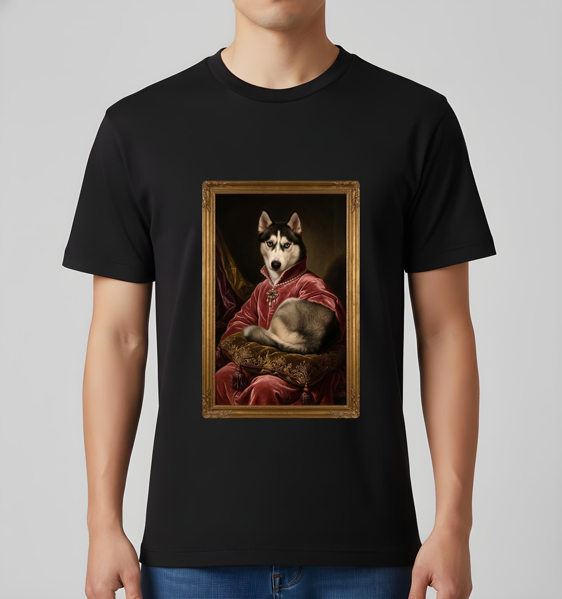 シベリアンハスキーのルネサンス肖像画Tシャツ(ブラック・カラープリント・額縁なし) 3