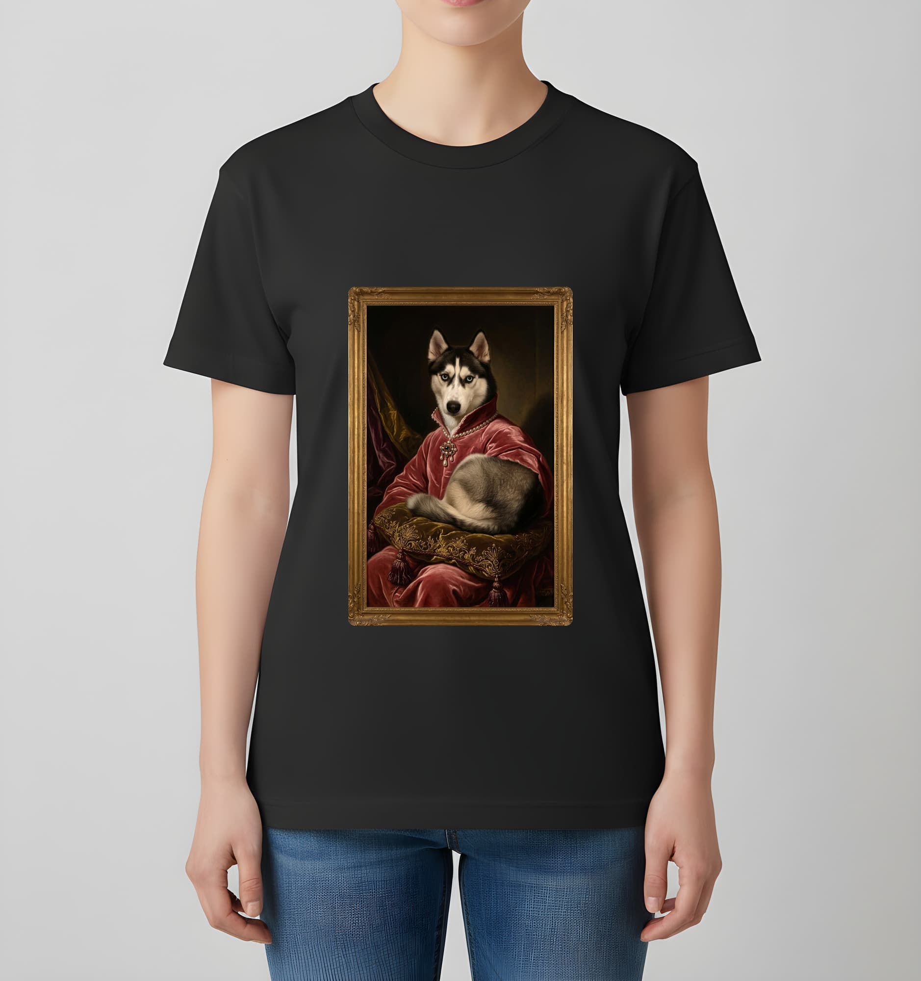 シベリアンハスキーのルネサンス肖像画Tシャツ(ブラック・カラープリント・額縁なし) 4