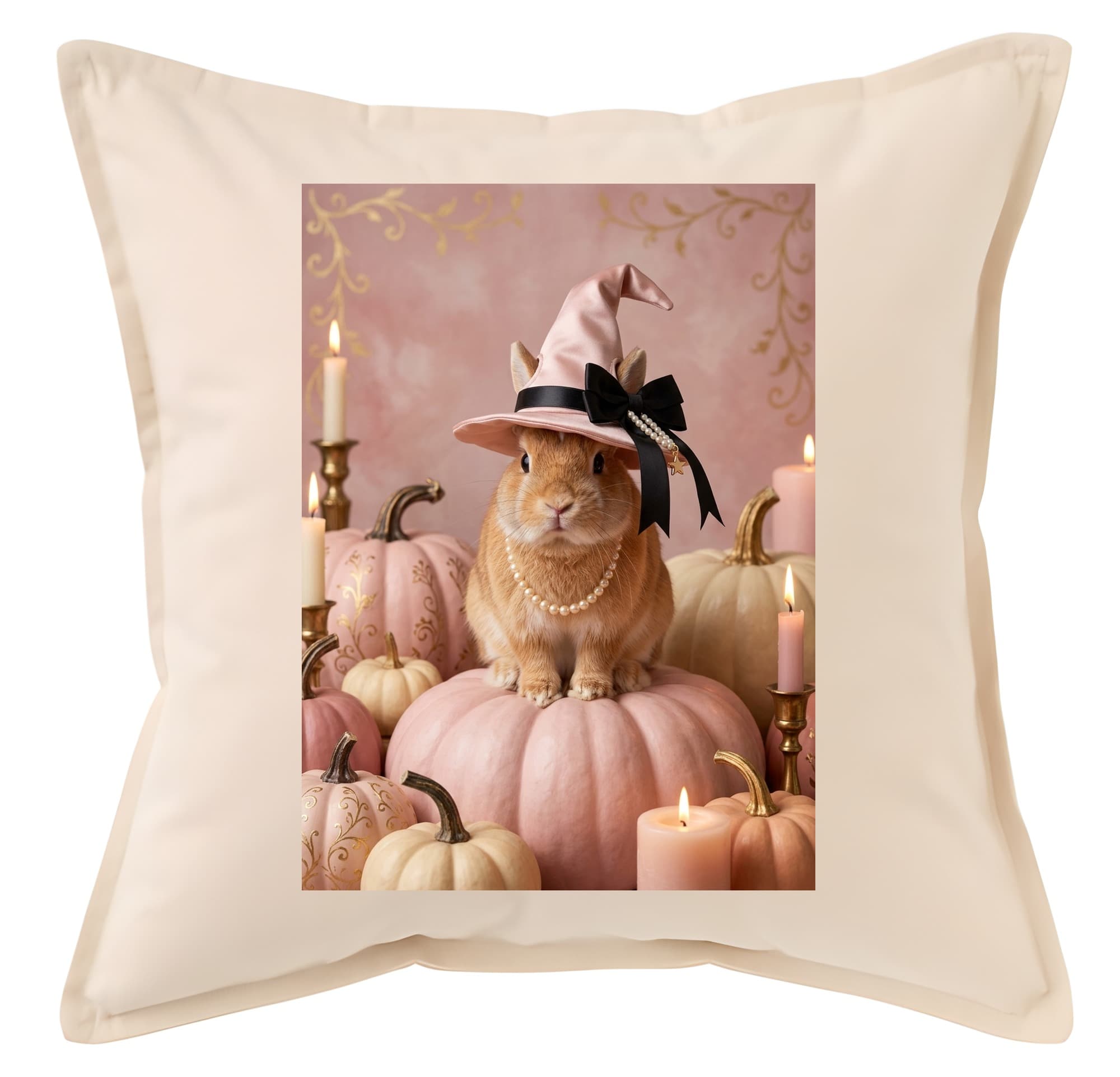 ネザーランドドワーフのかぼちゃとキャンドルの油絵風アートハロウィンクッション