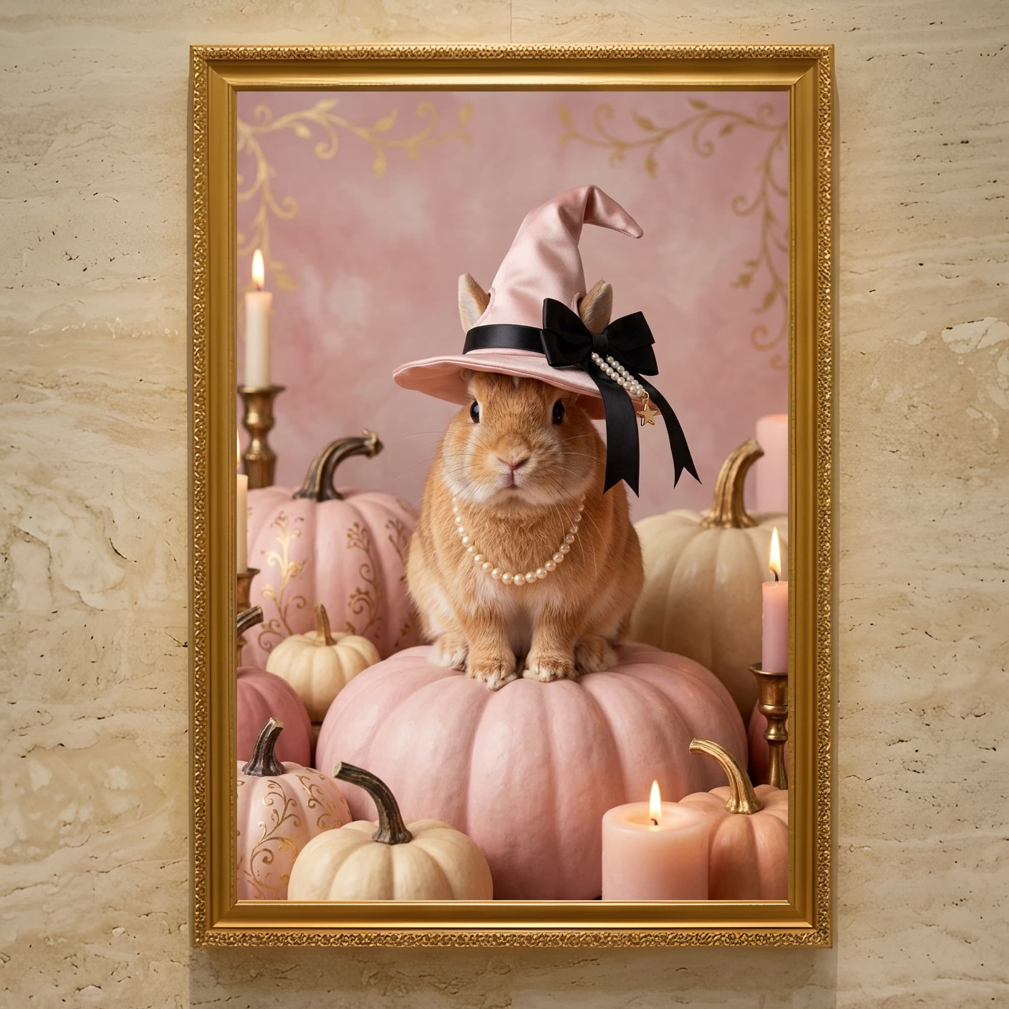 ネザーランドドワーフのかぼちゃとキャンドルの油絵風アートハロウィン額装プリント(A3サイズ)
