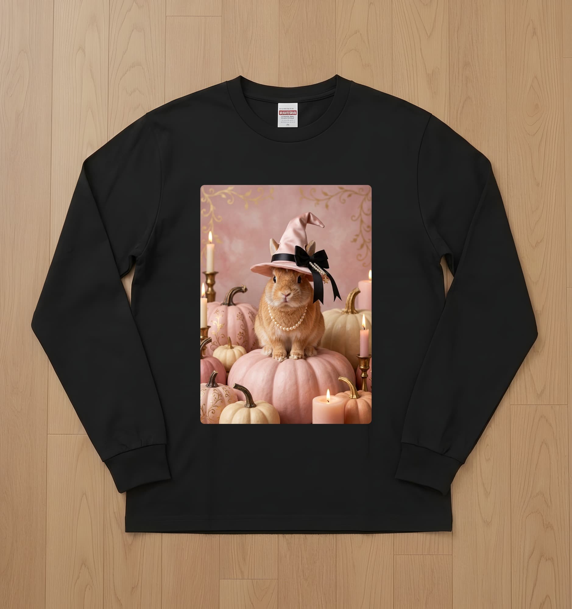 Netherland Dwarf Pumpkin & Candlelight Oil-Painting Halloween Long Sleeve T-Shirt (Black)