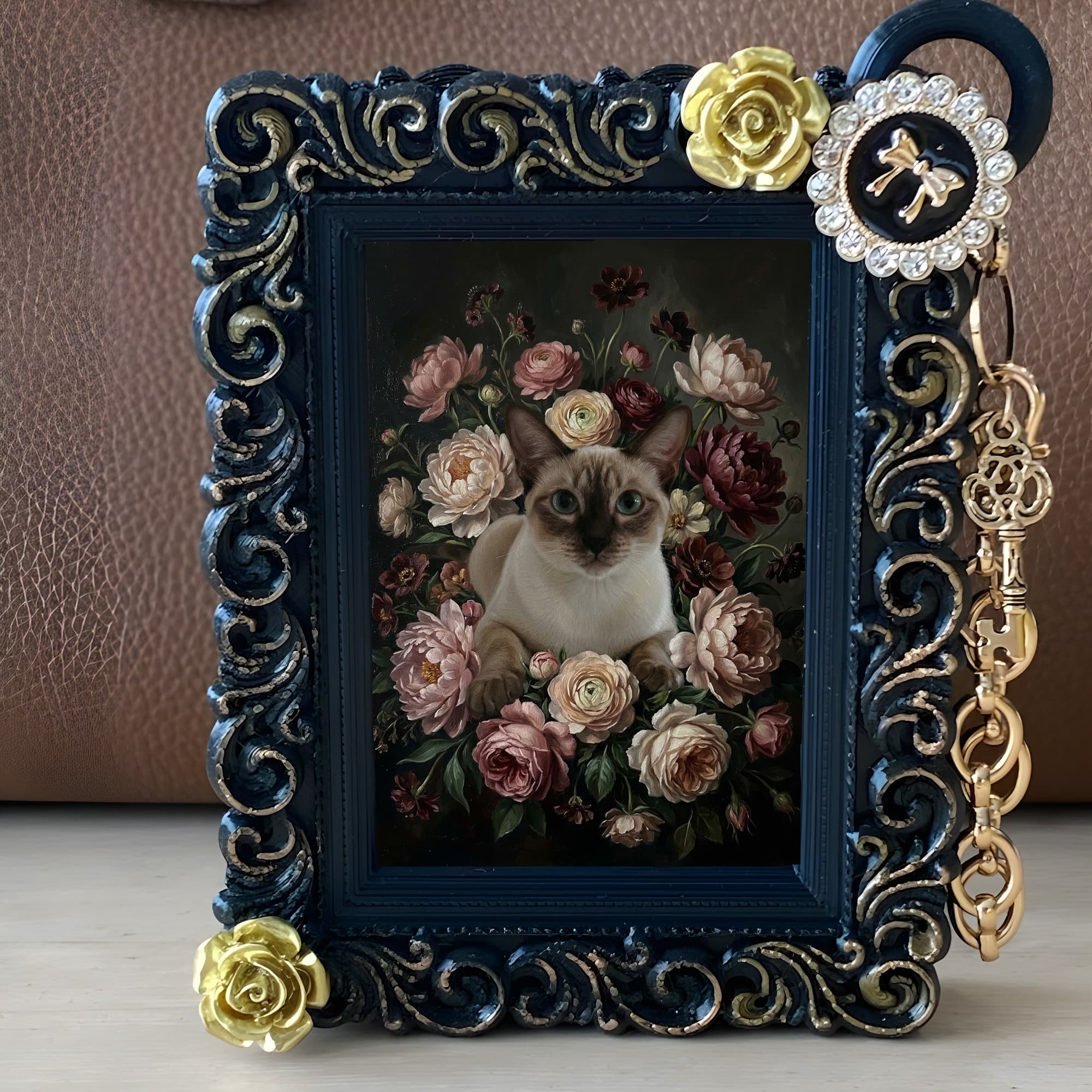 シャム猫の花の油絵風アート花柄バッグチャーム(ブラック) 2