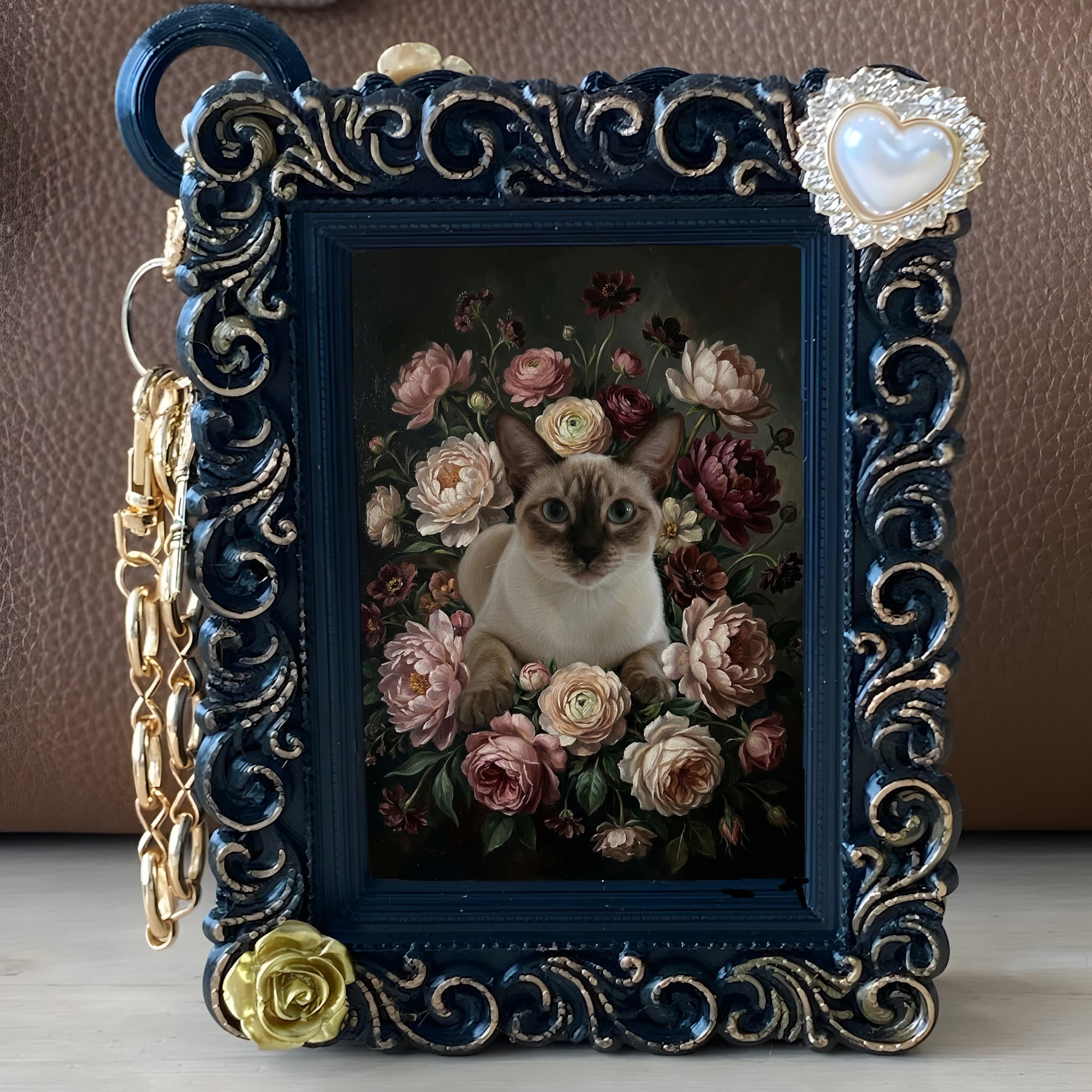 シャム猫の花の油絵風アート花柄バッグチャーム(ブラック) 5