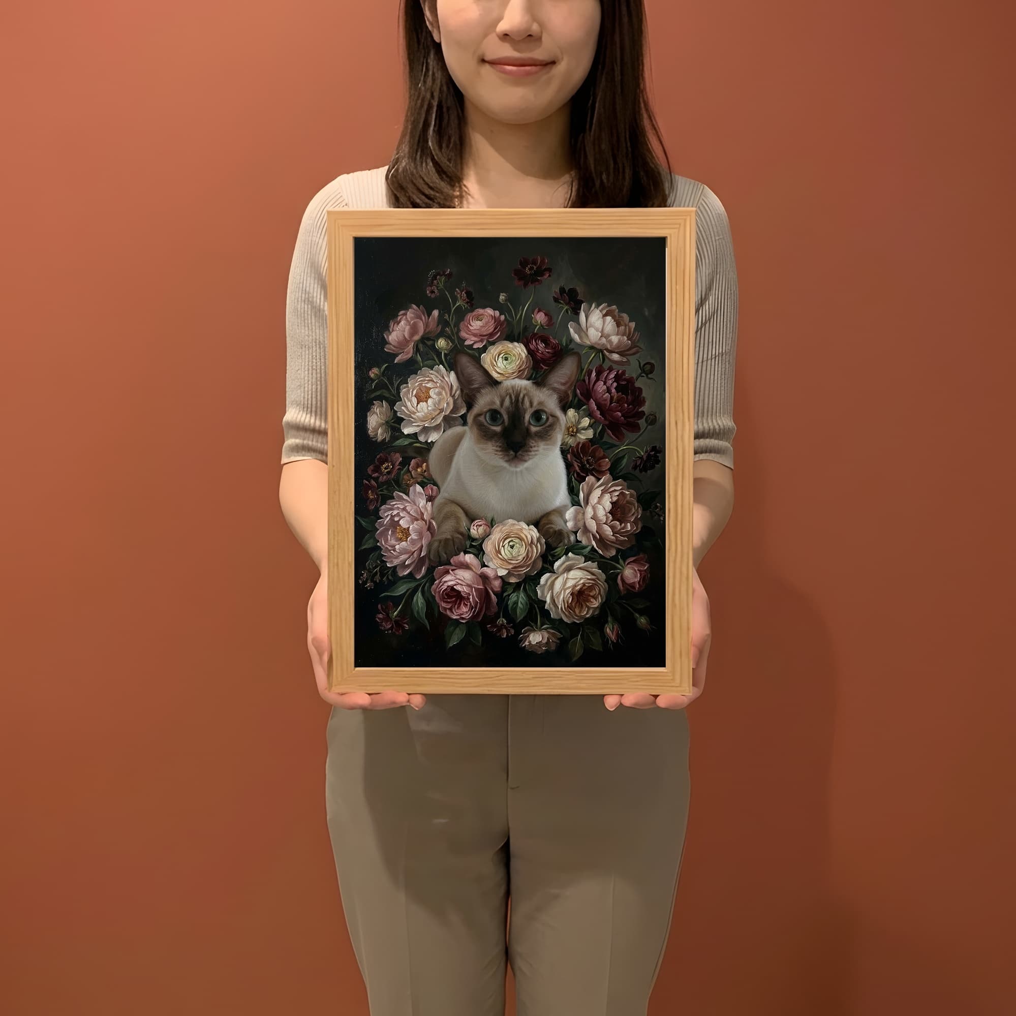 シャム猫の花の油絵風アート花柄額装プリント(A3サイズ) 2