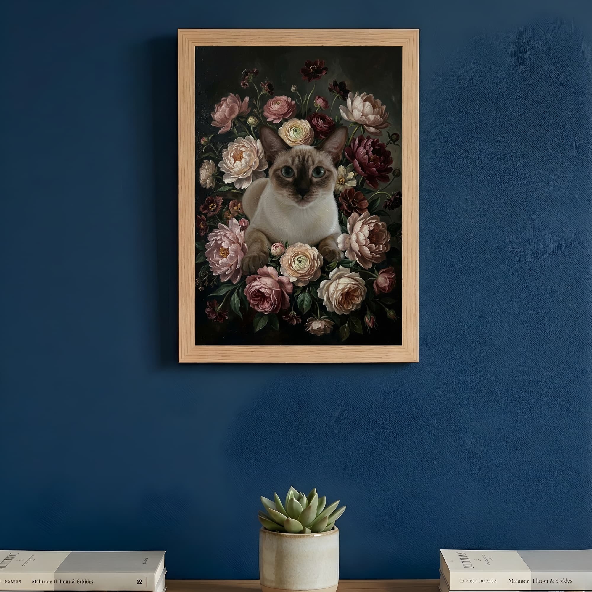 シャム猫の花の油絵風アート花柄額装プリント(A3サイズ) 3