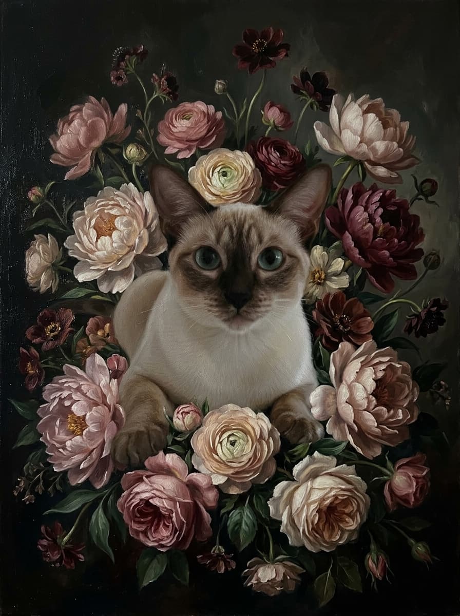シャム猫の花の油絵風アート花柄額装プリント(A3サイズ) 4