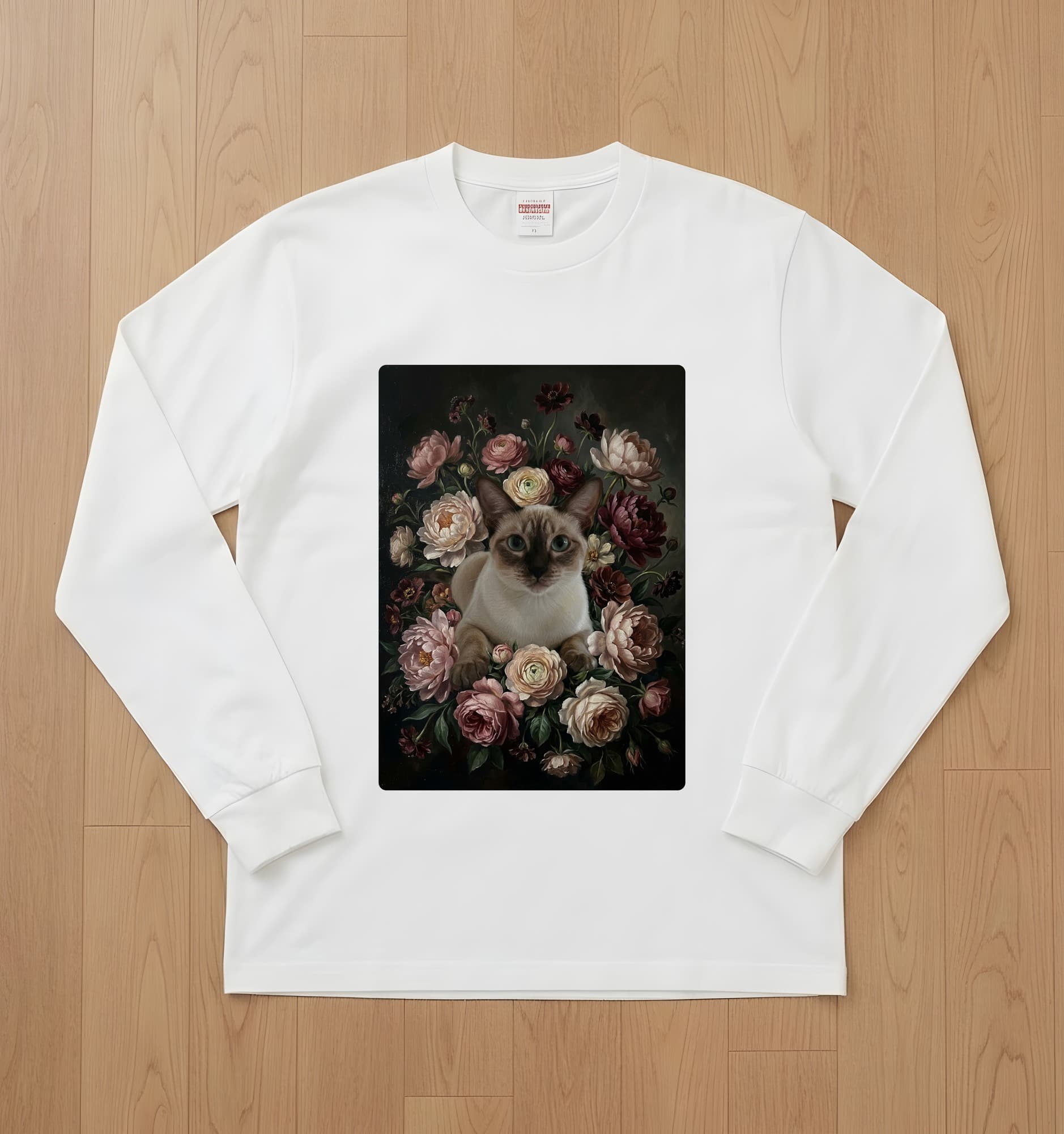 シャム猫の花の油絵風アート花柄長袖Tシャツ(ホワイト)