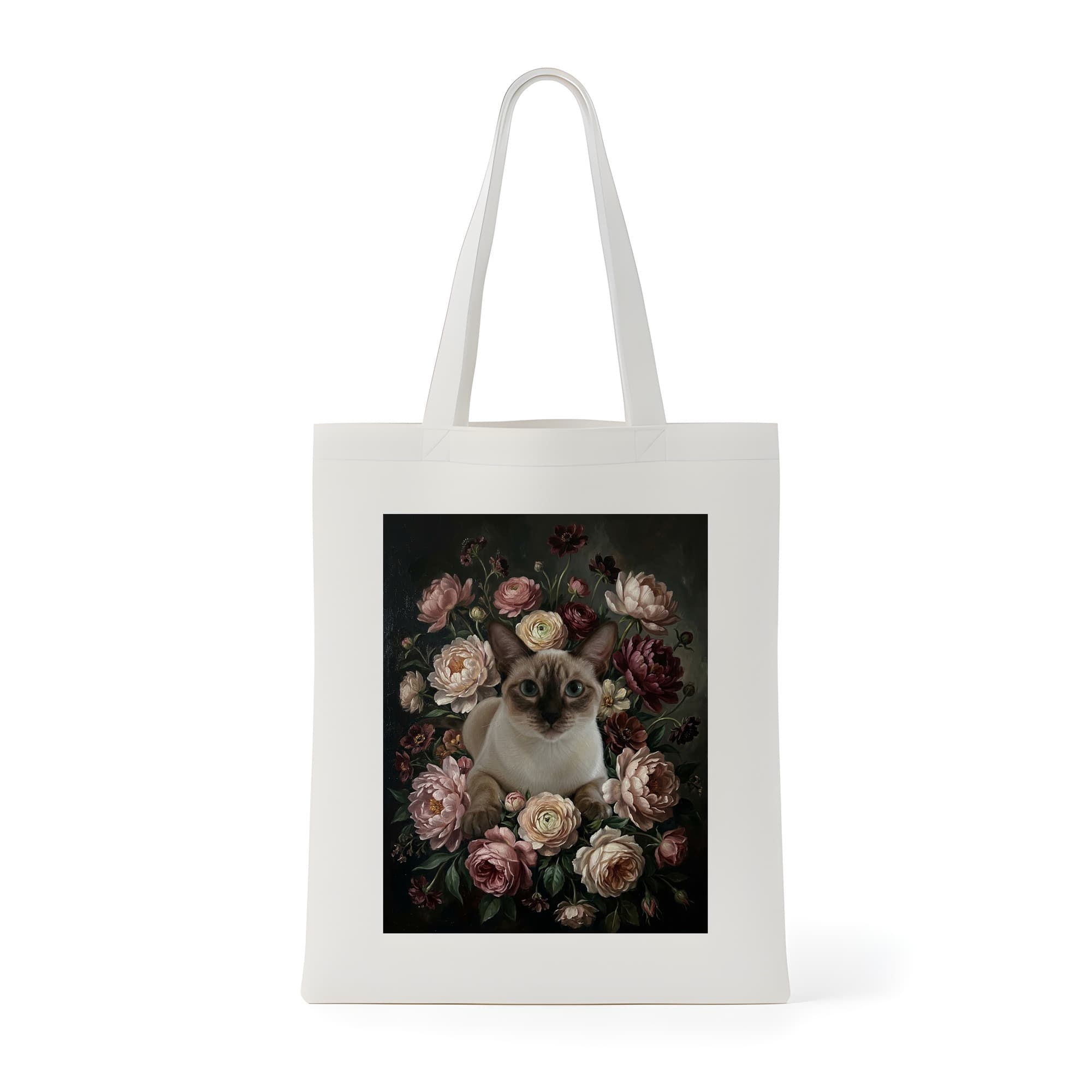 シャム猫の花の油絵風アート花柄トートバッグ