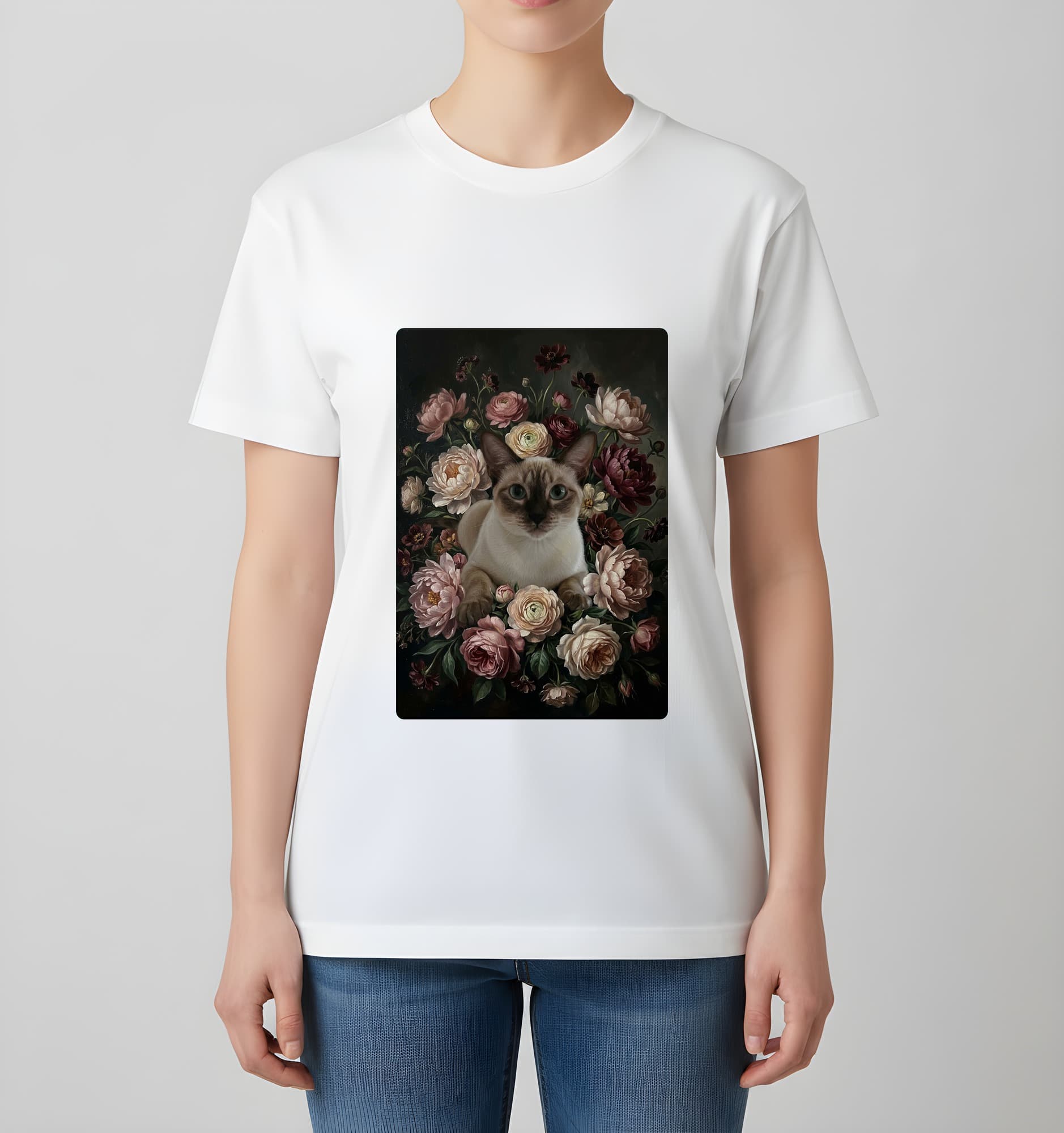 Siamese Floral Oil-Painting Floral T-Shirt (White) 4