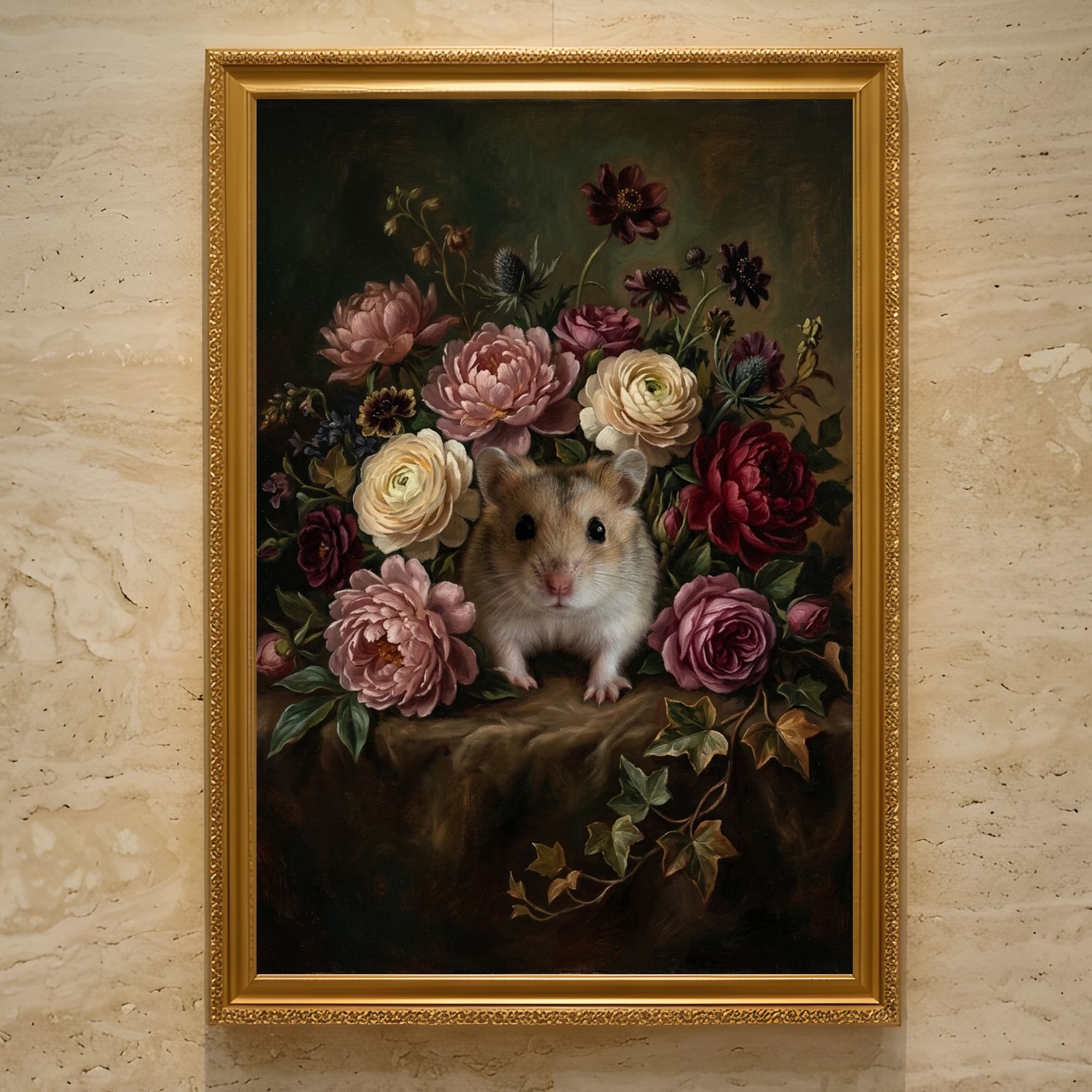 Roborovski hamster Floral Oil-Painting Floral Framed Art Print (A3)