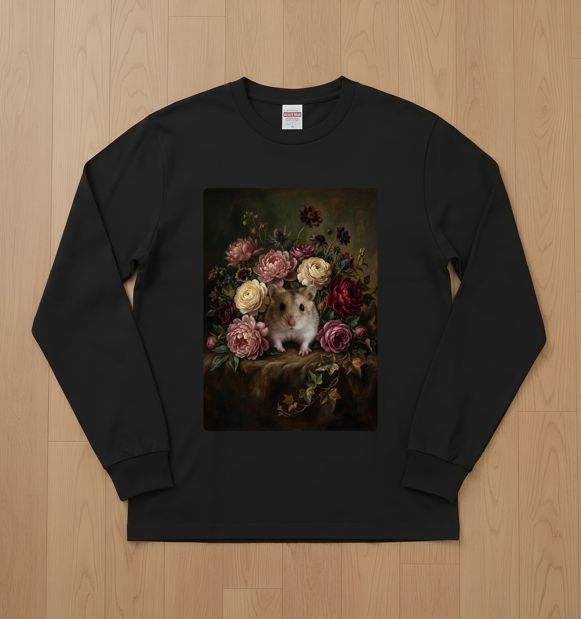 ロボロフスキーハムスターの花の油絵風アート花柄長袖Tシャツ(ブラック)