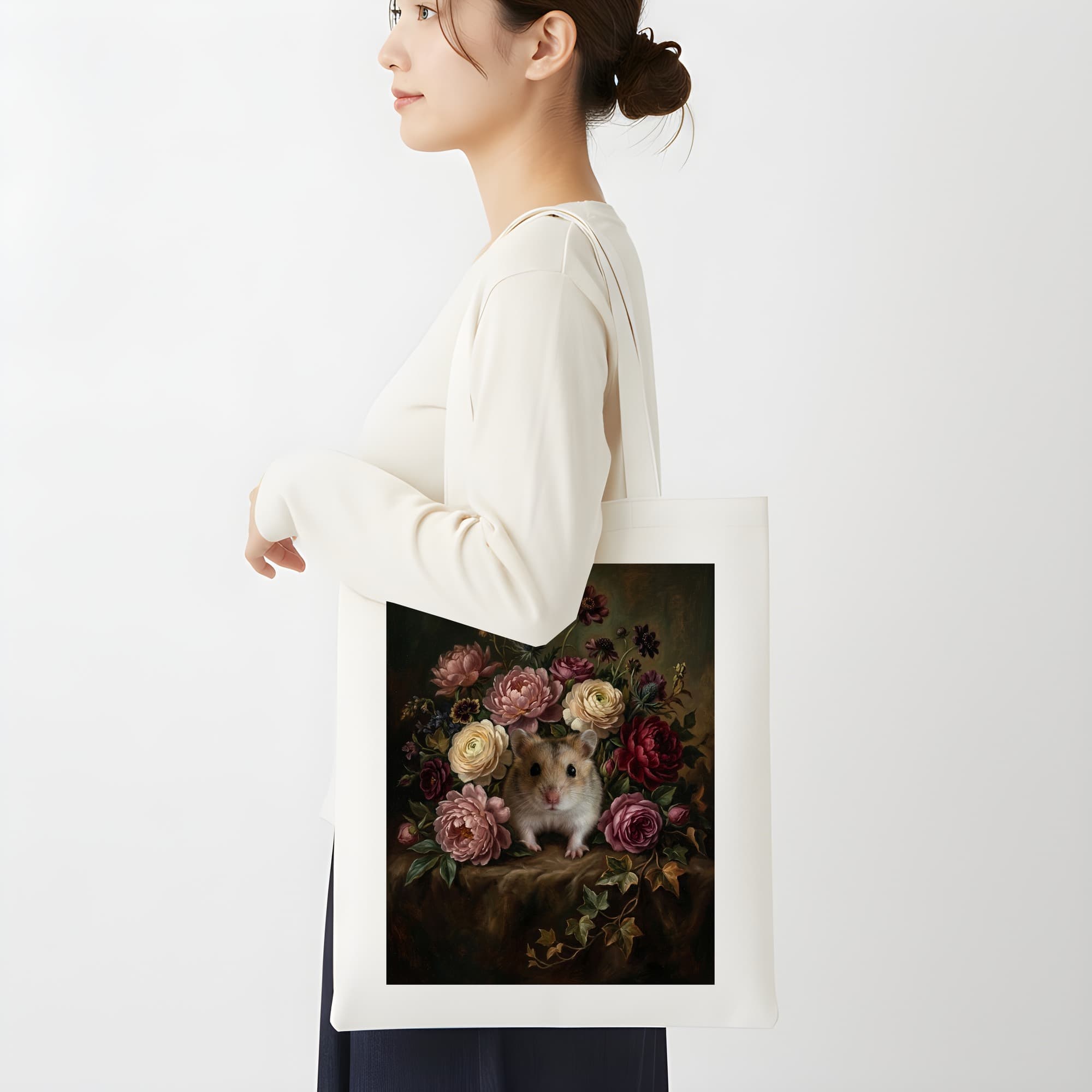 ロボロフスキーハムスターの花の油絵風アート花柄トートバッグ 2