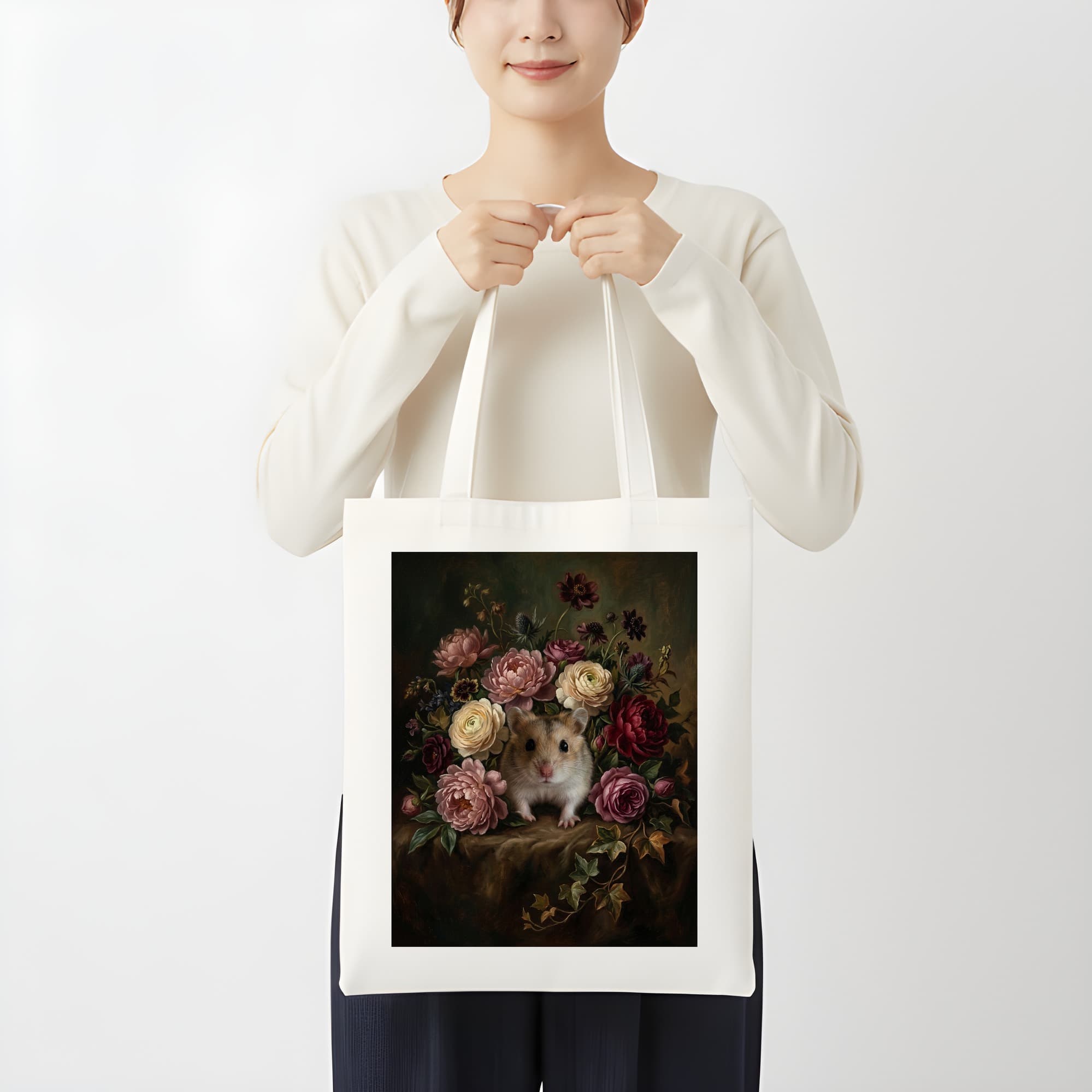 ロボロフスキーハムスターの花の油絵風アート花柄トートバッグ 3