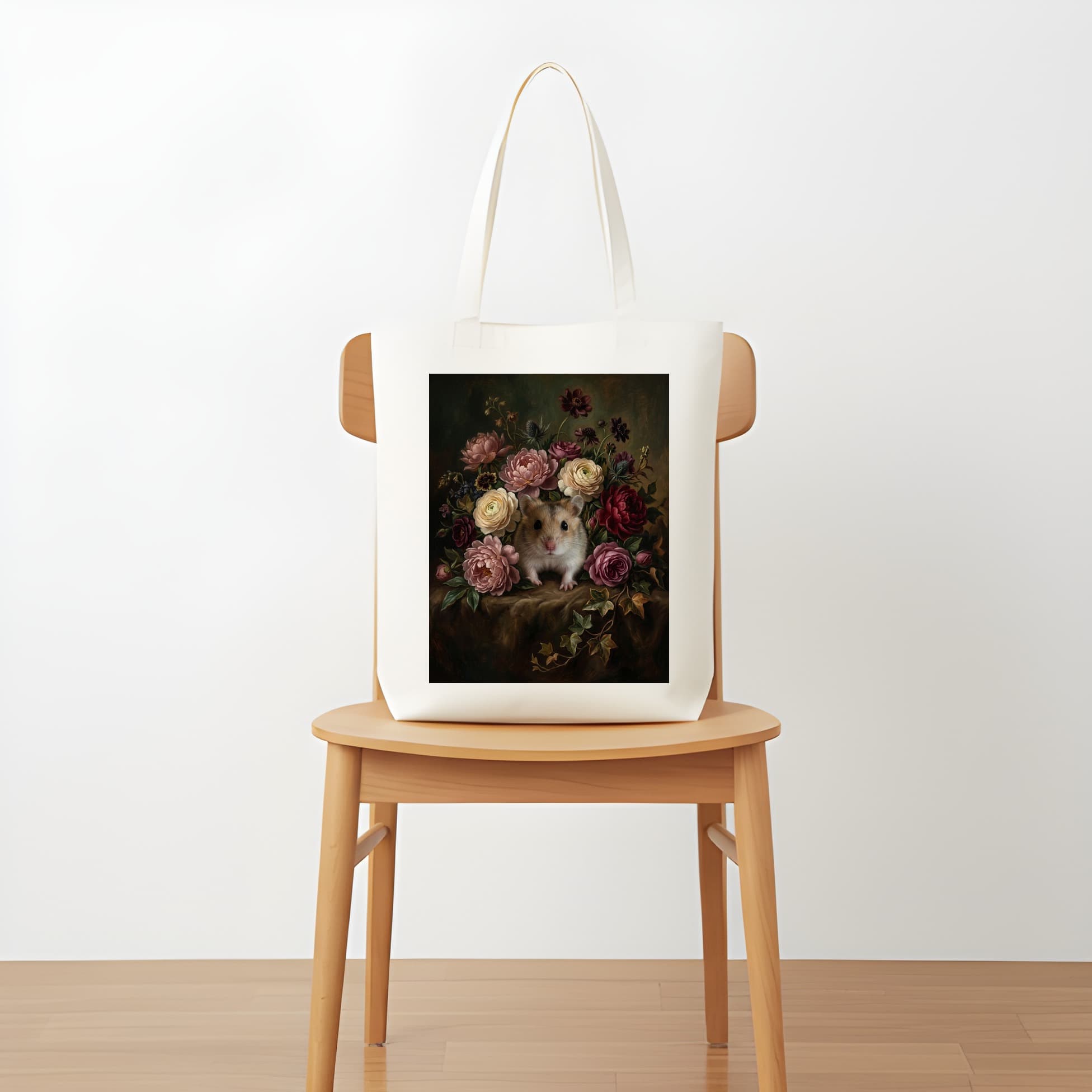 ロボロフスキーハムスターの花の油絵風アート花柄トートバッグ 5