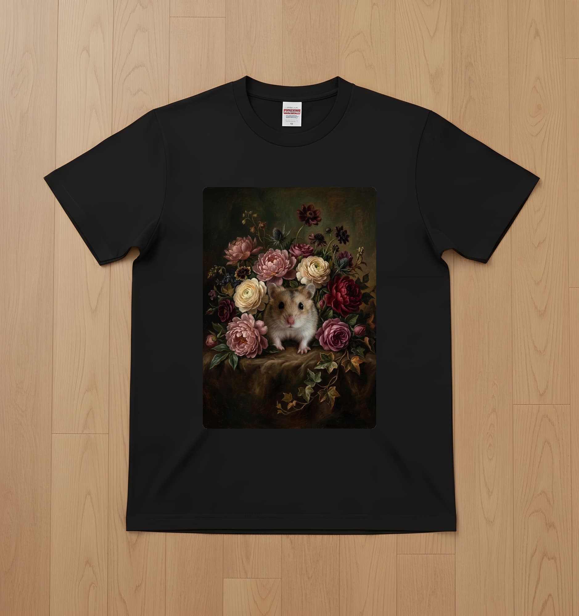 ロボロフスキーハムスターの花の油絵風アート花柄Tシャツ(ブラック)