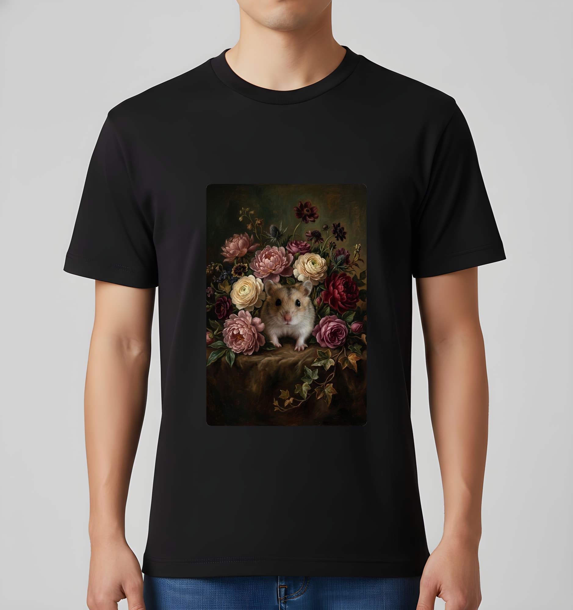 ロボロフスキーハムスターの花の油絵風アート花柄Tシャツ(ブラック) 3