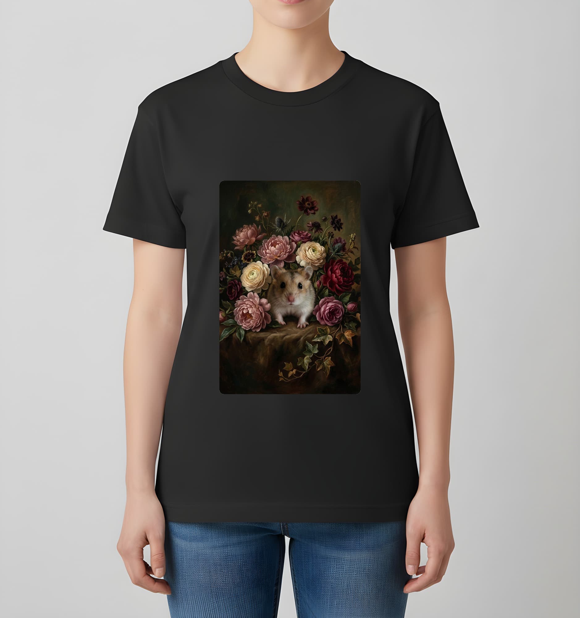 ロボロフスキーハムスターの花の油絵風アート花柄Tシャツ(ブラック) 4