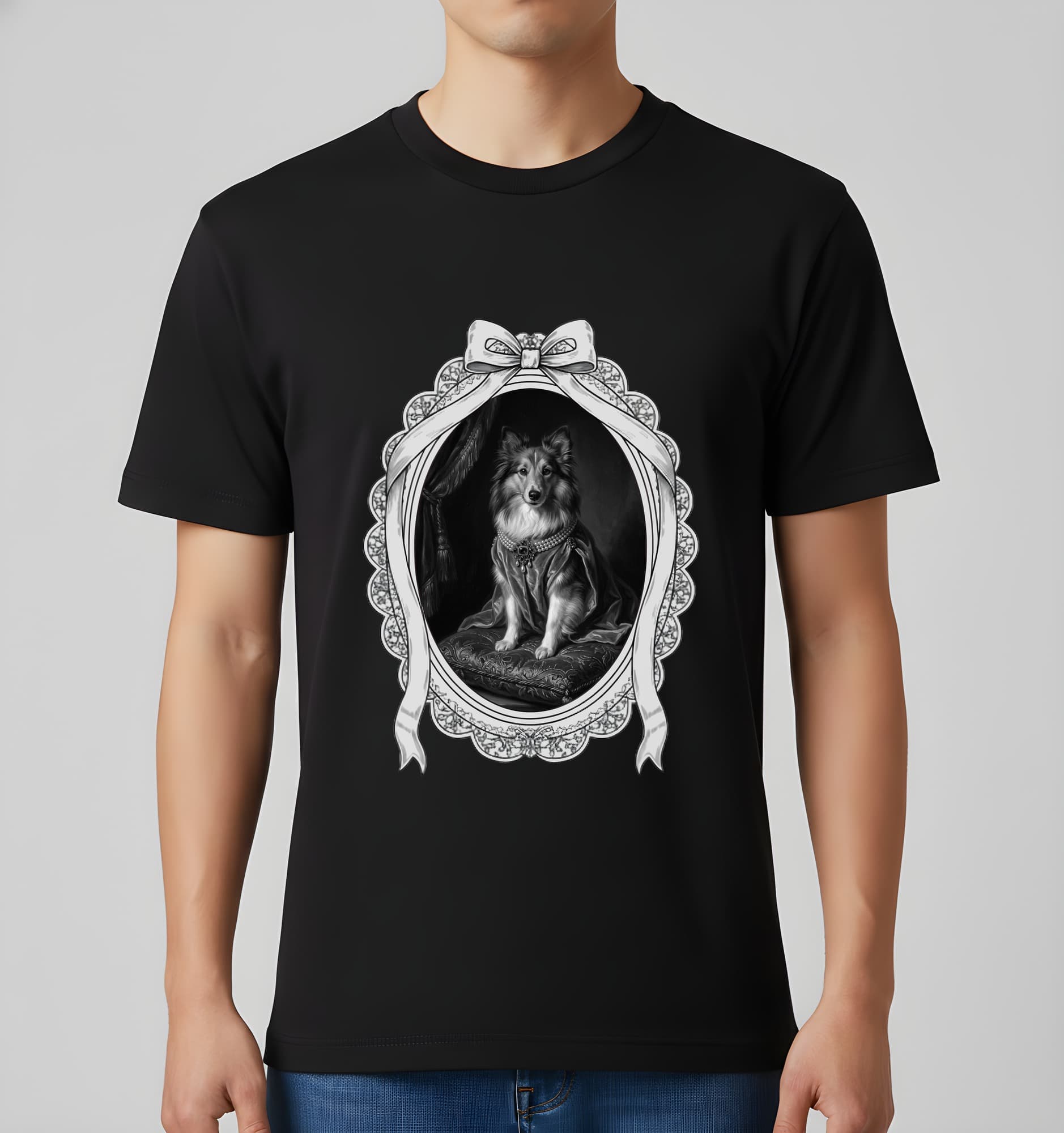 シェットランドシープドッグのルネサンス肖像画Tシャツ(ブラック・モノクロプリント・額縁デザインあり) 2