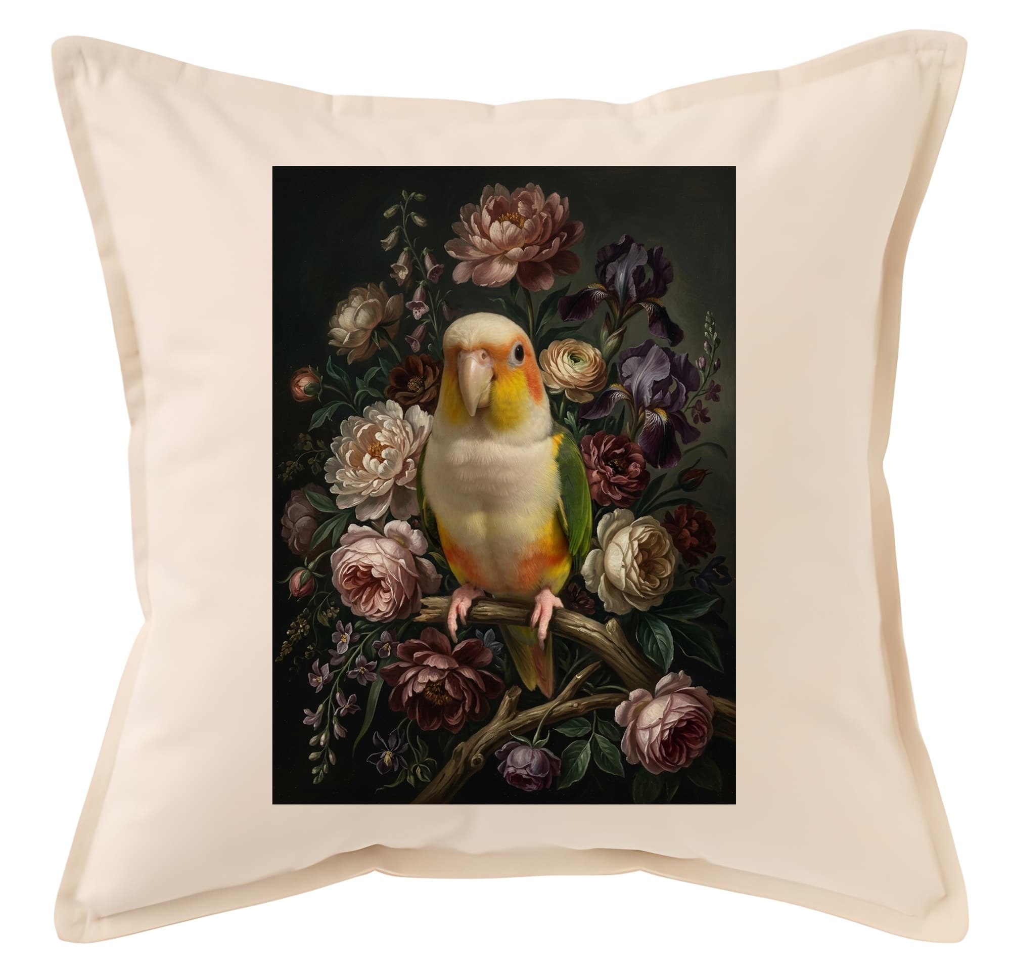 シロハラインコの花の油絵風アート花柄クッション